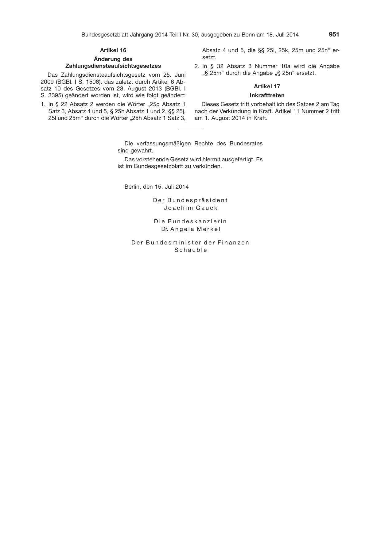 BGBl. 2014, Seite 951 — Originalseite als Abbildung