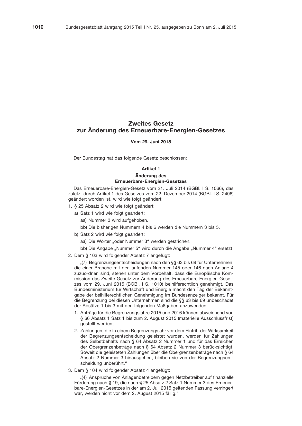 BGBl. 2015, Seite 1010 — Originalseite als Abbildung