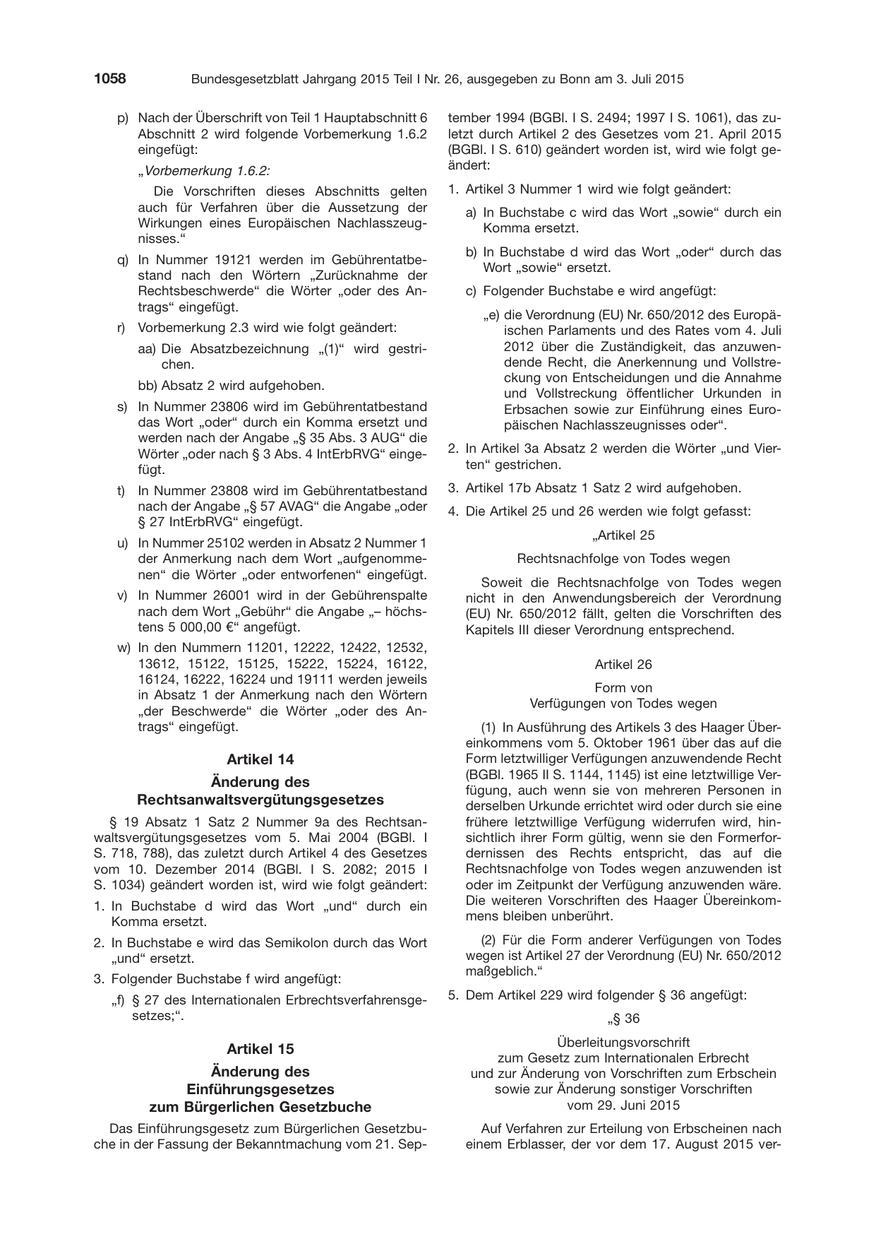 BGBl. 2015, Seite 1058 — Originalseite als Abbildung