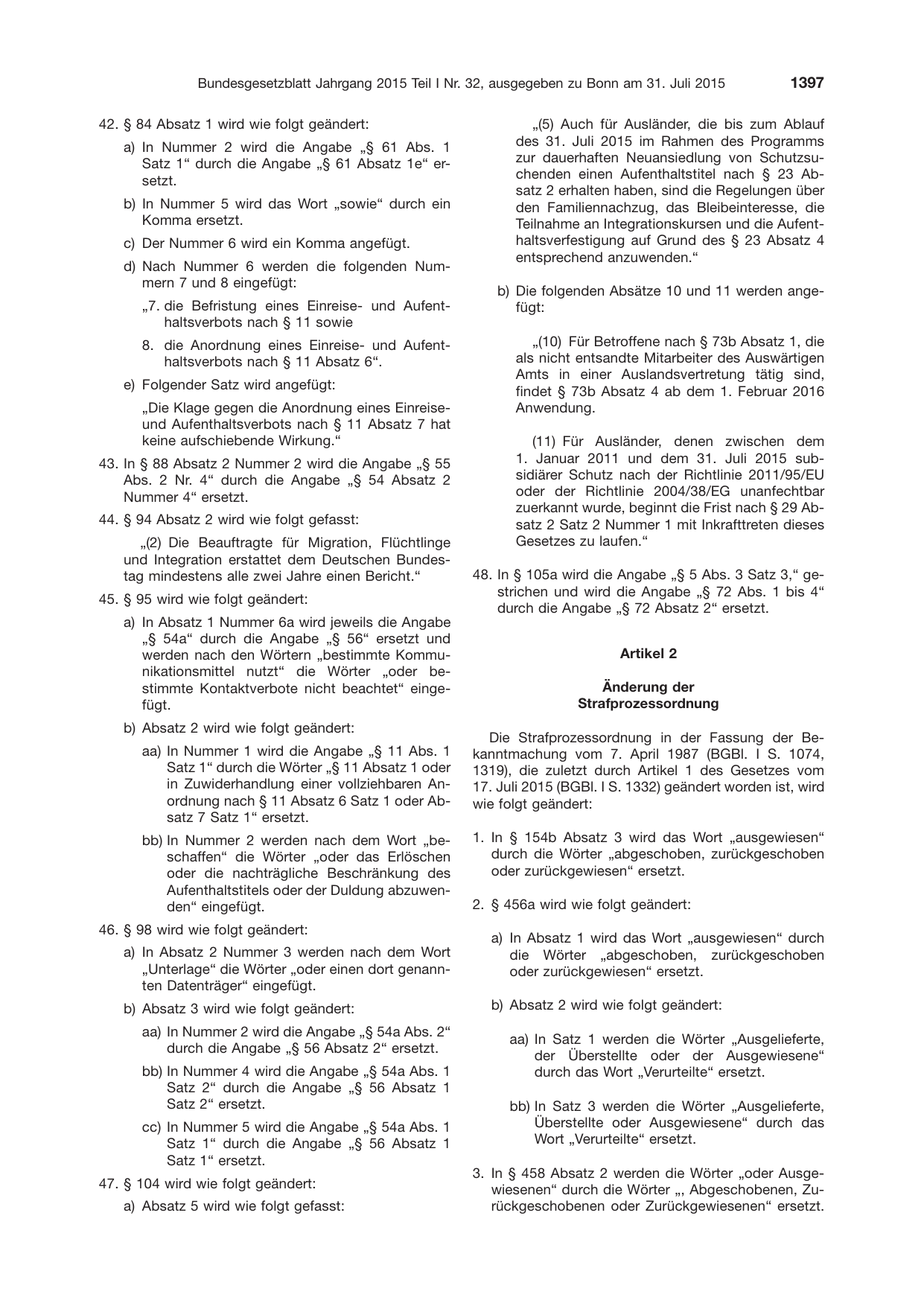 BGBl. 2015, Seite 1397 — Originalseite als Abbildung