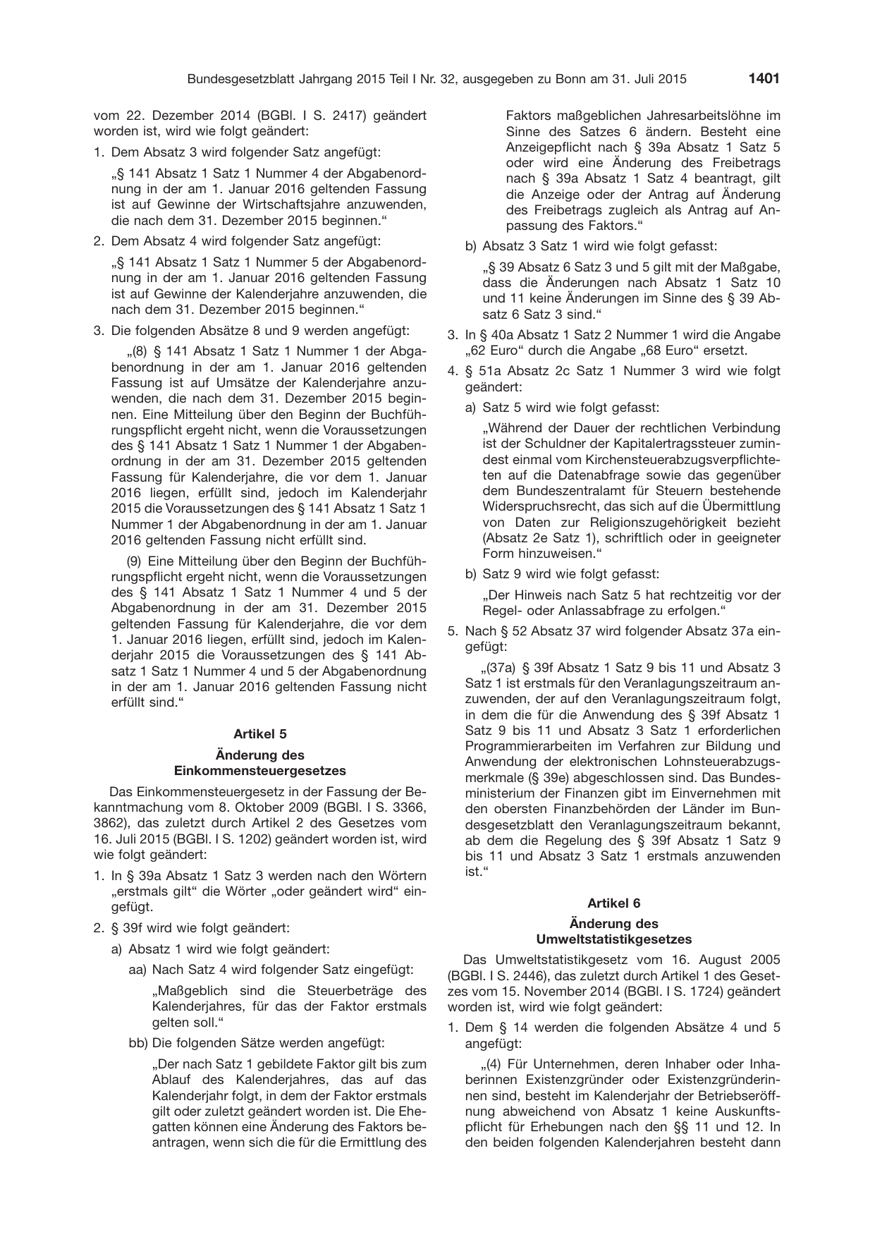 BGBl. 2015, Seite 1401 — Originalseite als Abbildung