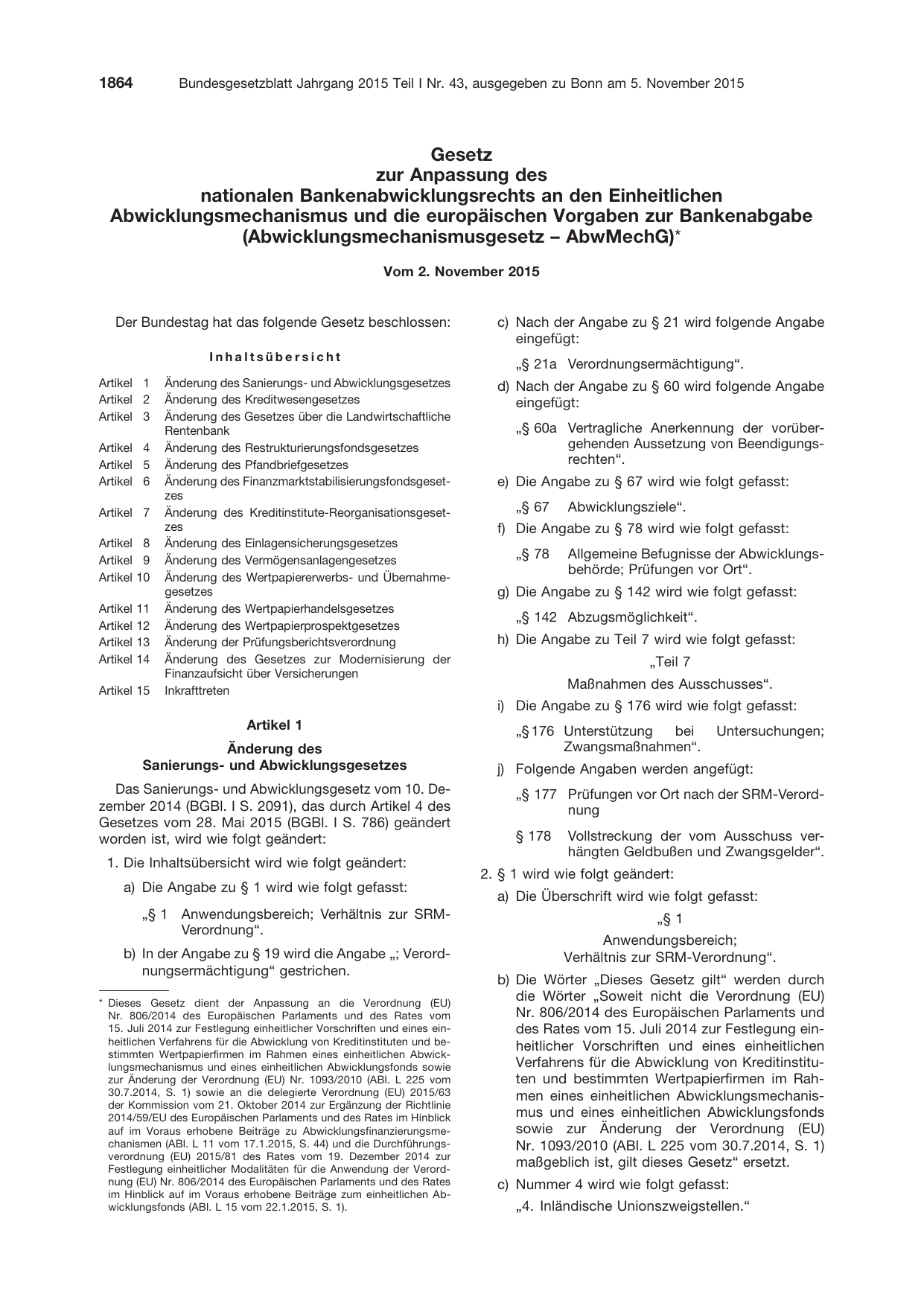 BGBl. 2015, Seite 1864 — Originalseite als Abbildung
