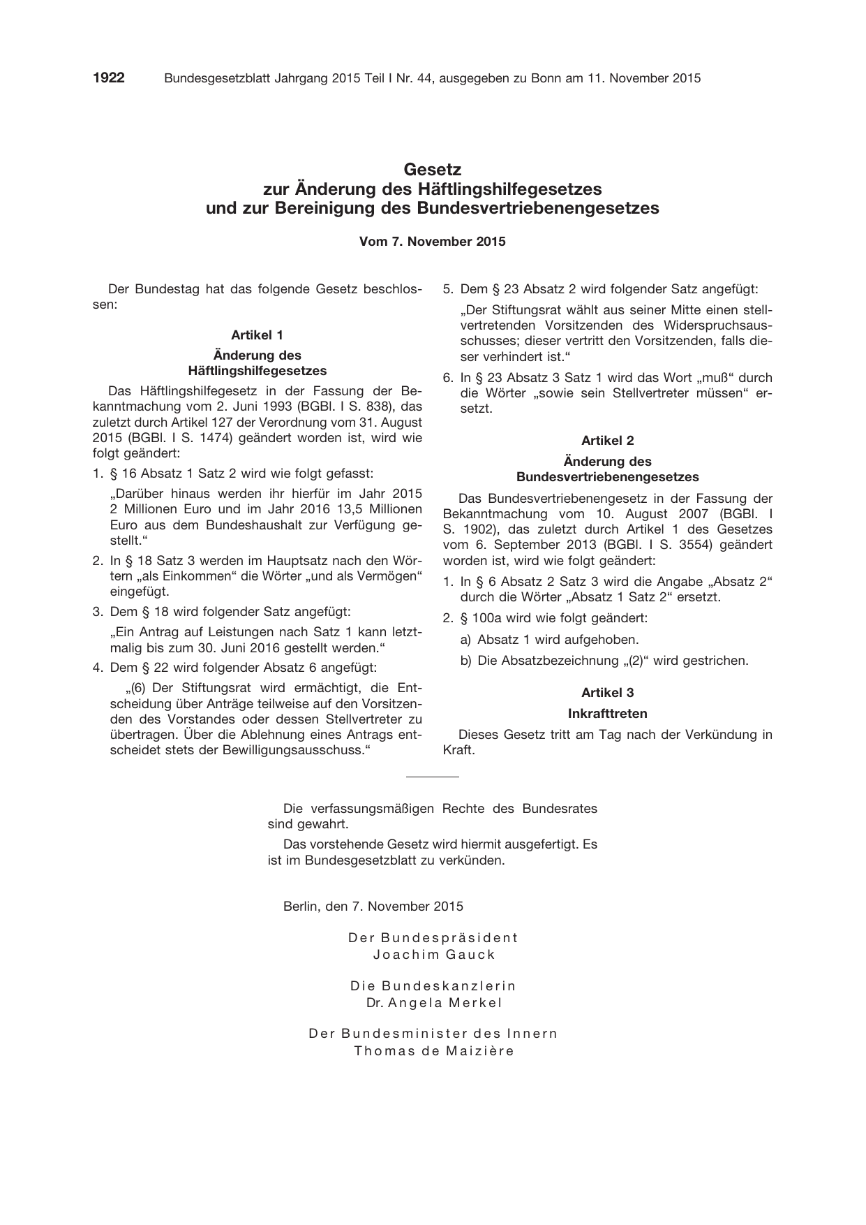 BGBl. 2015, Seite 1922 — Originalseite als Abbildung