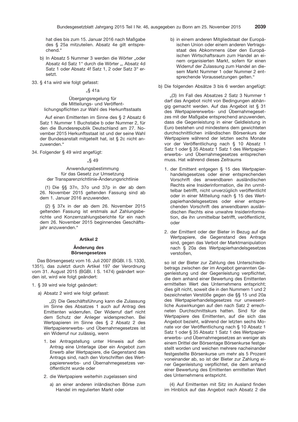 BGBl. 2015, Seite 2039 — Originalseite als Abbildung