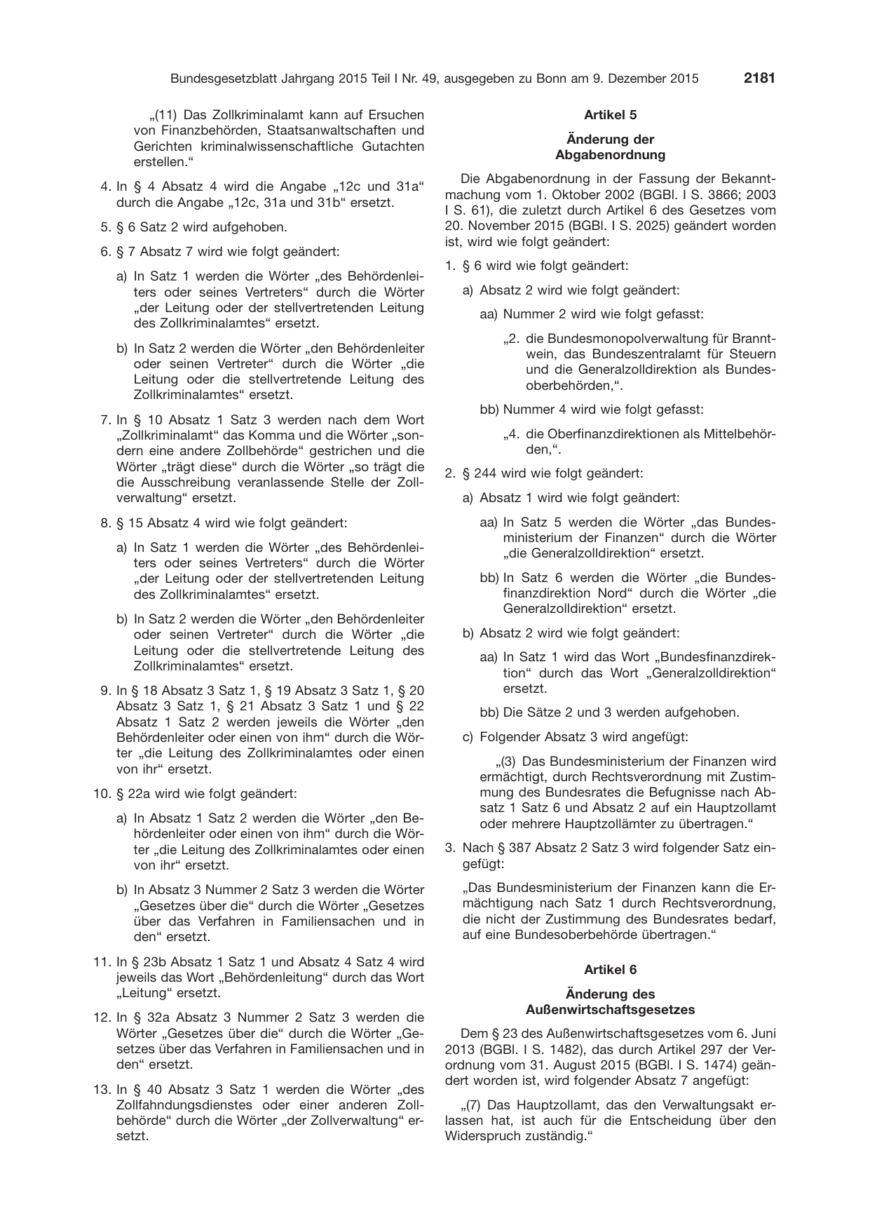BGBl. 2015, Seite 2181 — Originalseite als Abbildung