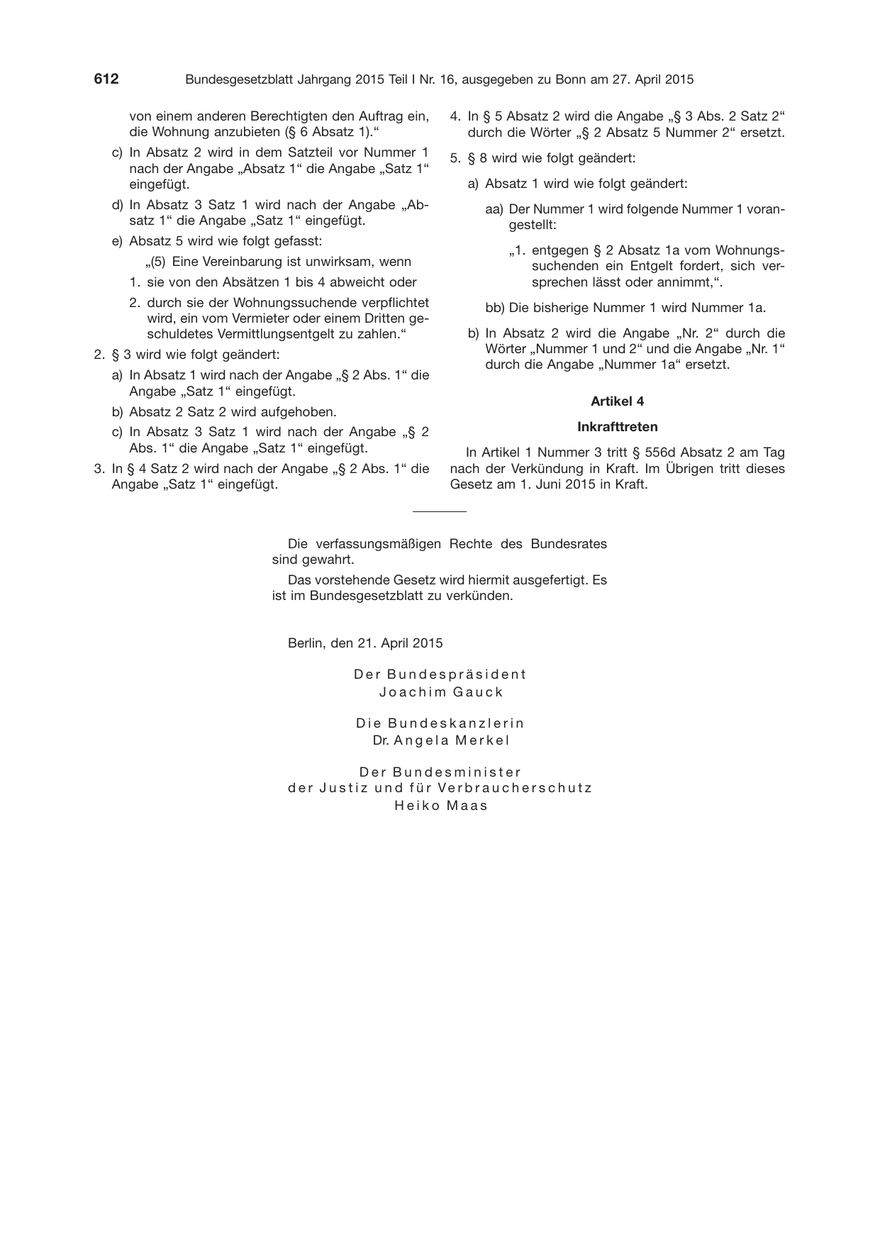 BGBl. 2015, Seite 612 — Originalseite als Abbildung