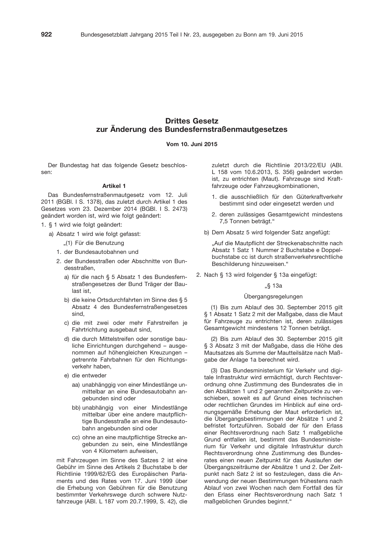 BGBl. 2015, Seite 922 — Originalseite als Abbildung