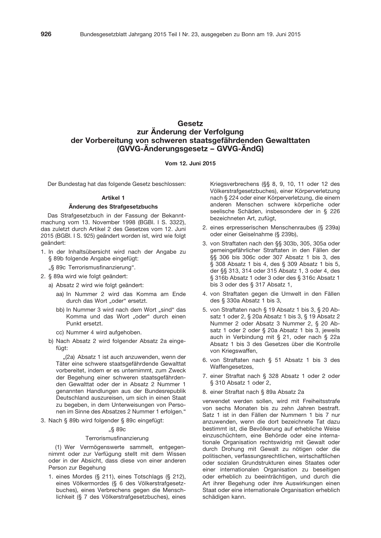 BGBl. 2015, Seite 926 — Originalseite als Abbildung