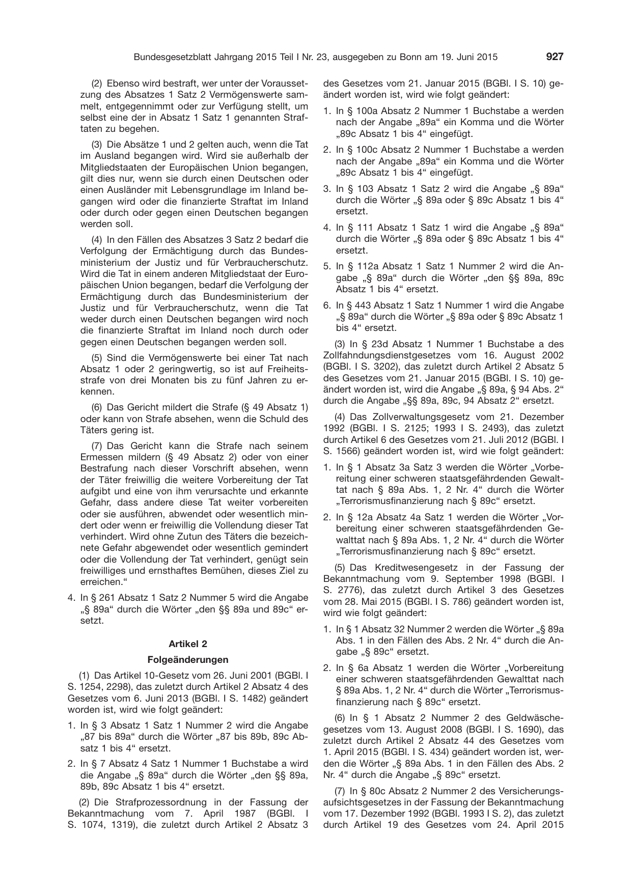 BGBl. 2015, Seite 927 — Originalseite als Abbildung