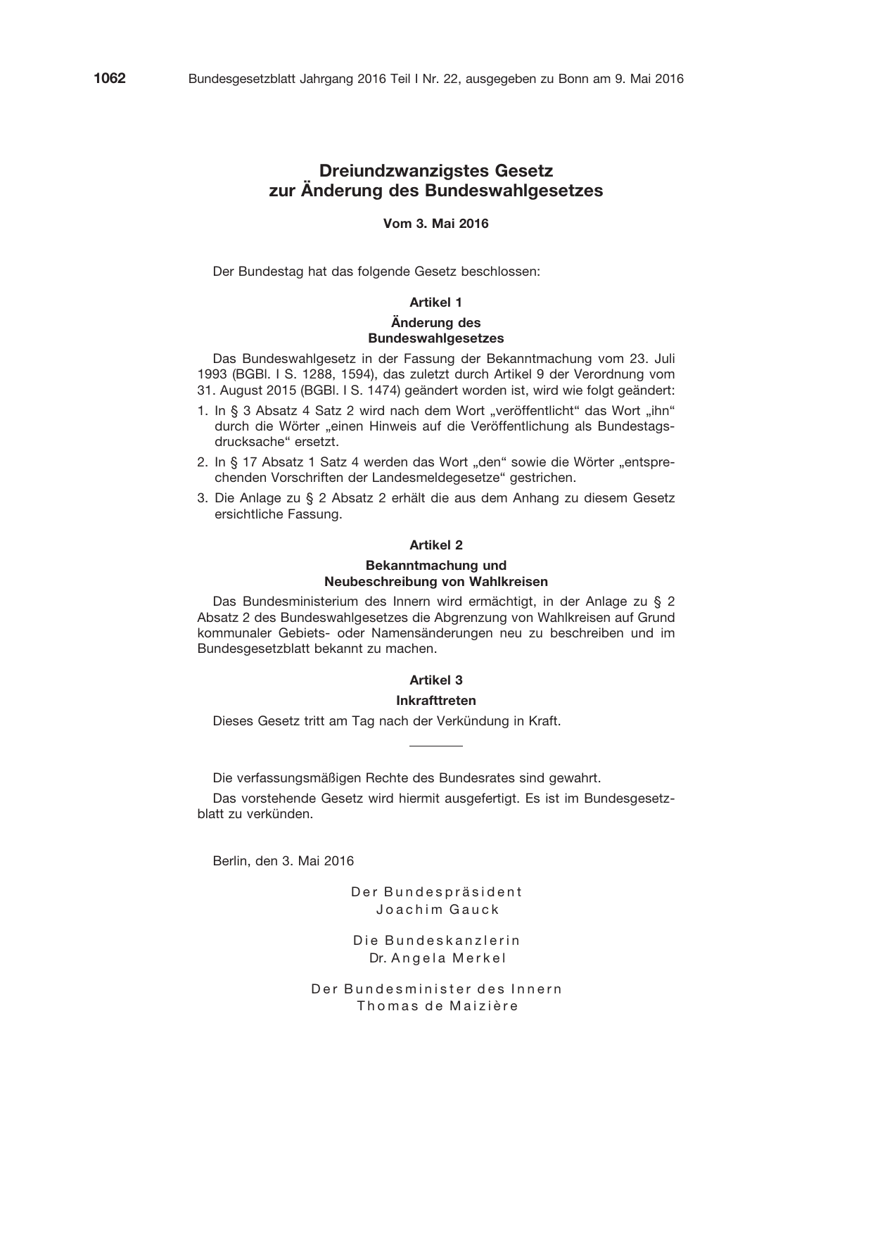 BGBl. 2016, Seite 1062 — Originalseite als Abbildung