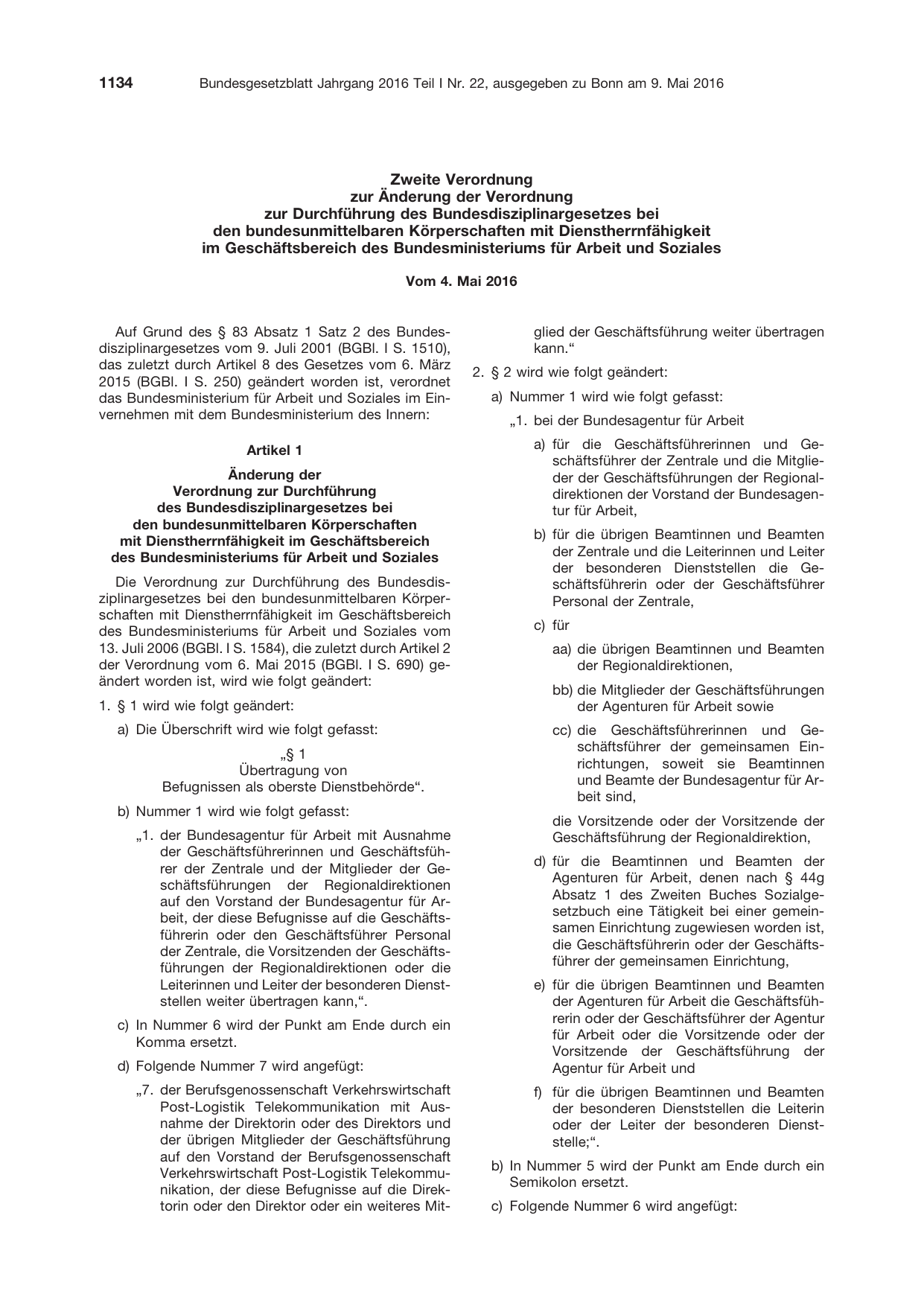 BGBl. 2016, Seite 1134 — Originalseite als Abbildung
