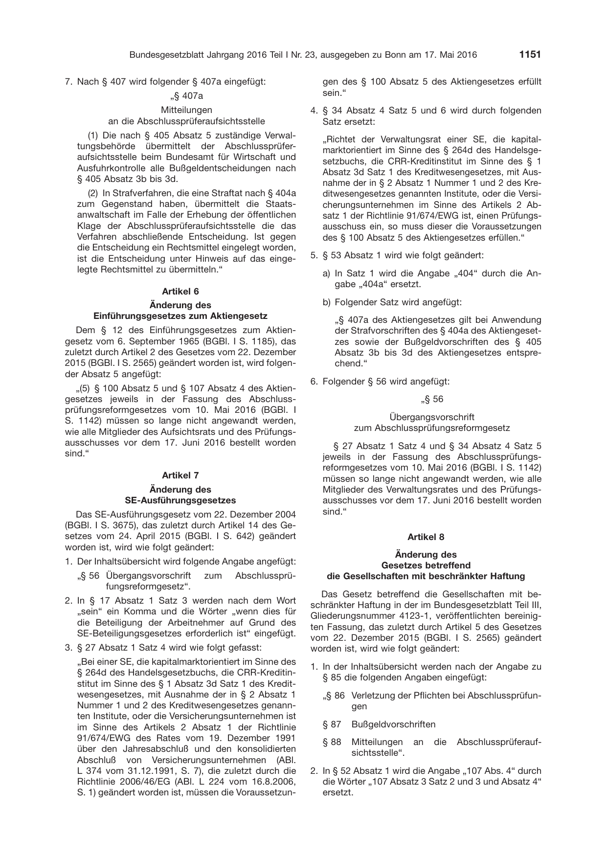 BGBl. 2016, Seite 1151 — Originalseite als Abbildung