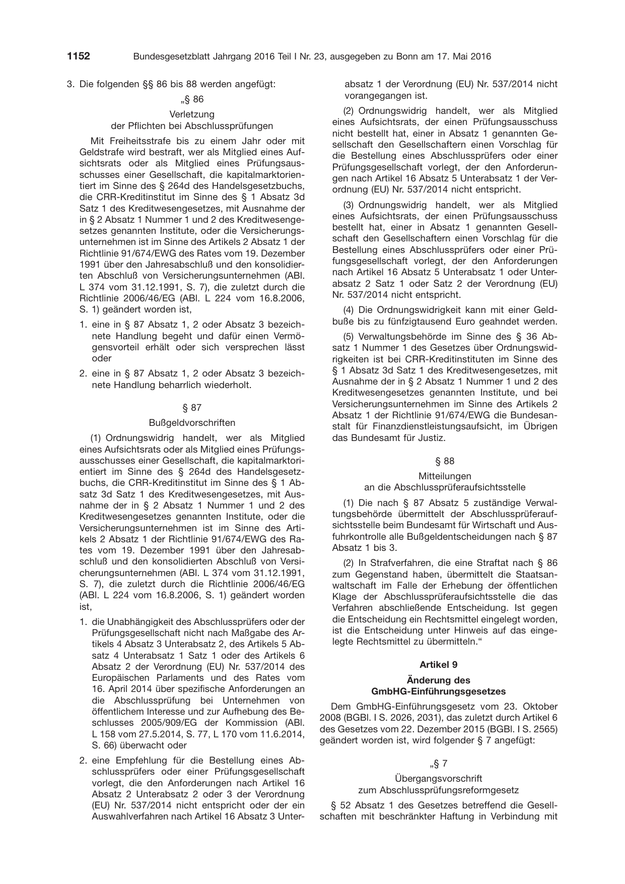 BGBl. 2016, Seite 1152 — Originalseite als Abbildung