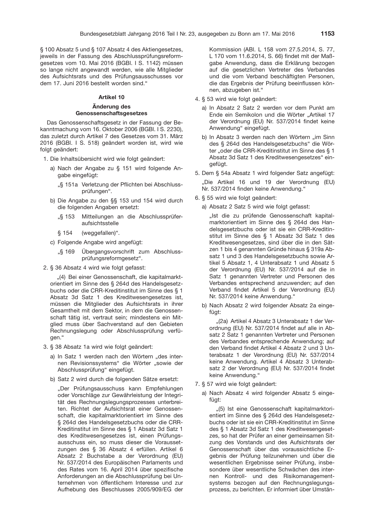 BGBl. 2016, Seite 1153 — Originalseite als Abbildung