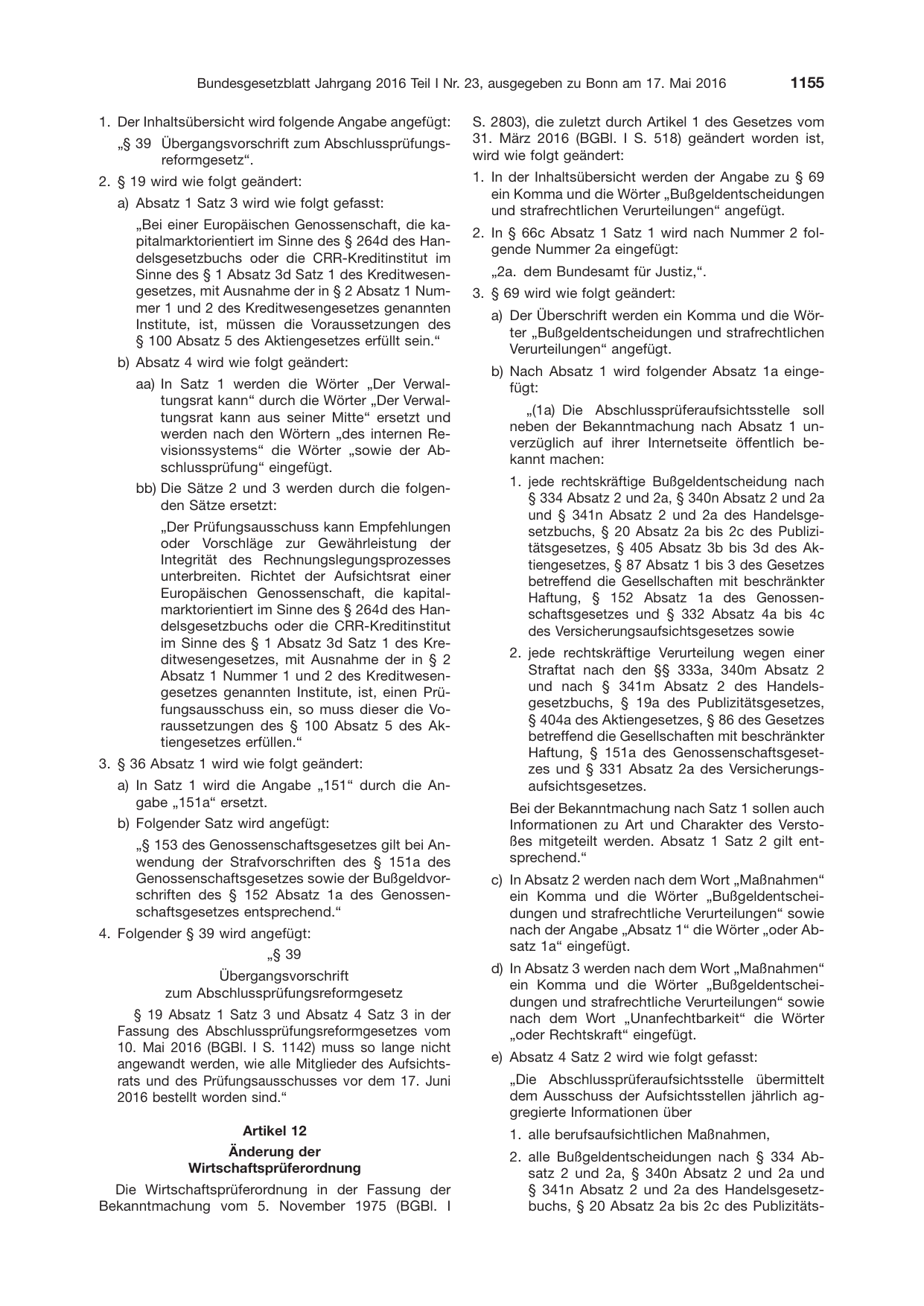 BGBl. 2016, Seite 1155 — Originalseite als Abbildung