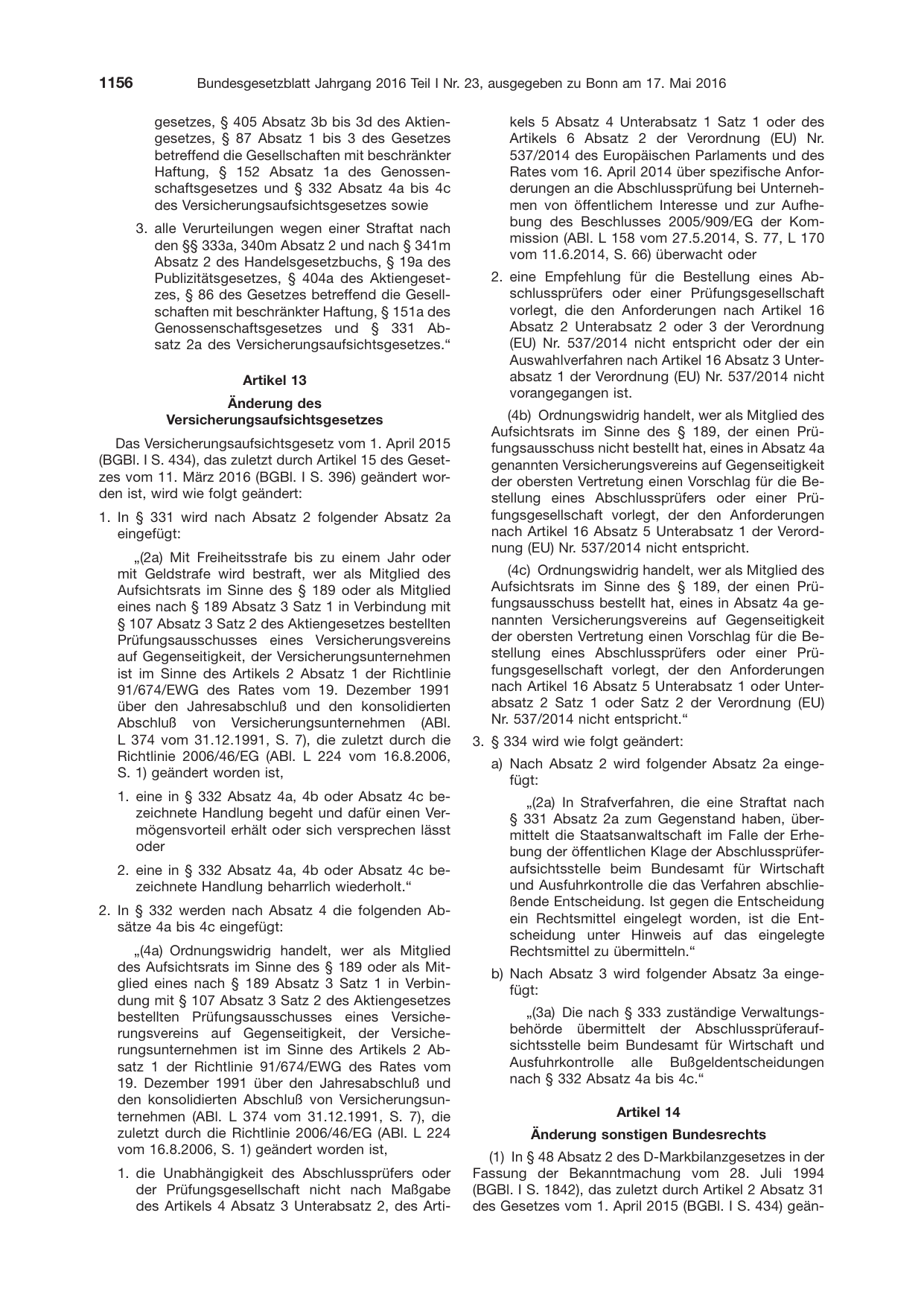 BGBl. 2016, Seite 1156 — Originalseite als Abbildung