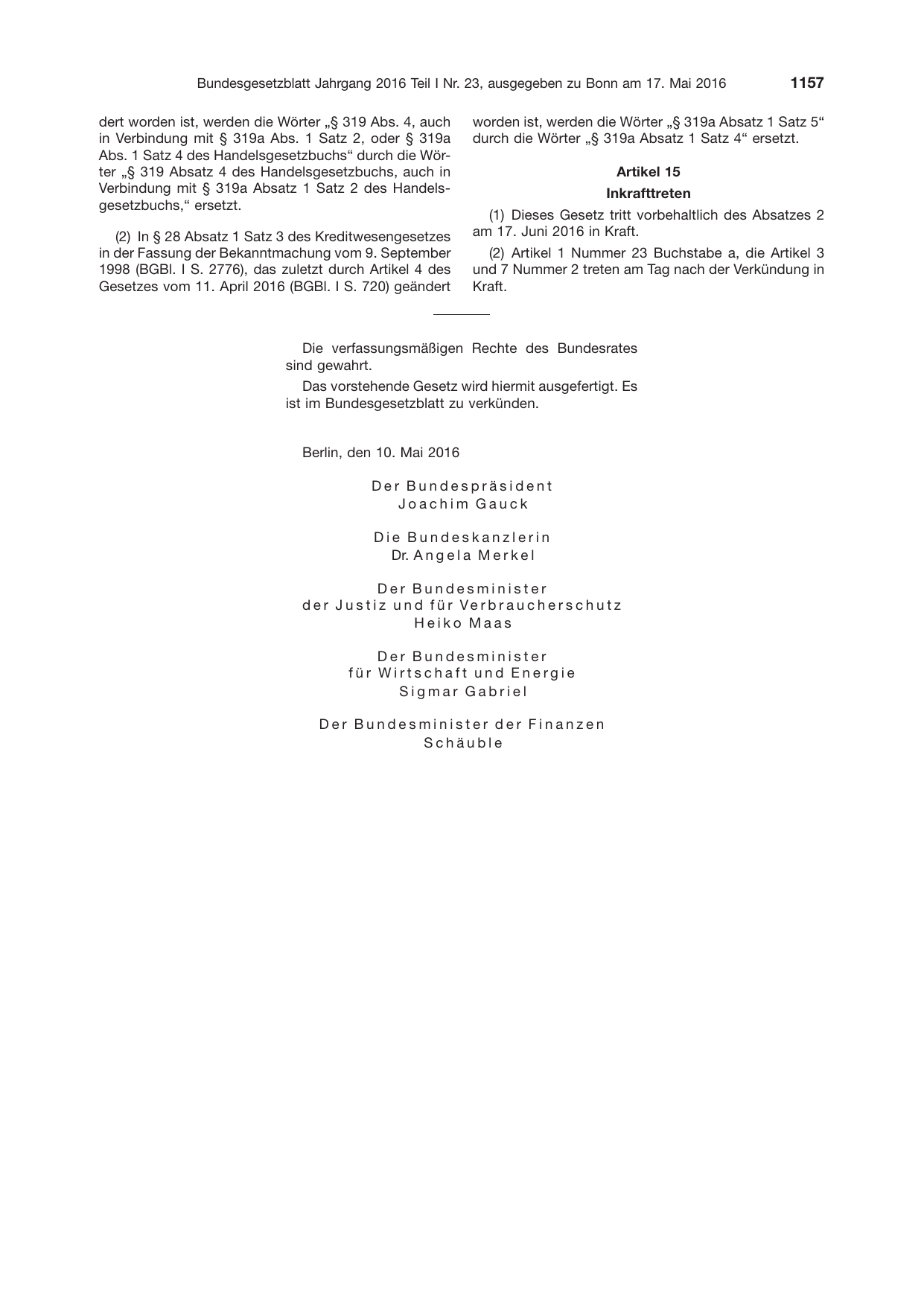 BGBl. 2016, Seite 1157 — Originalseite als Abbildung