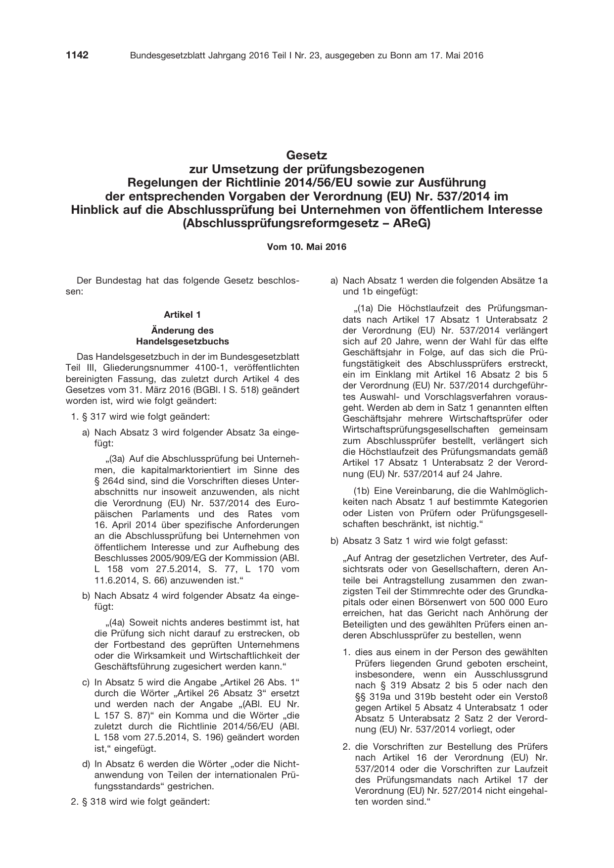 BGBl. 2016, Seite 1142 — Originalseite als Abbildung