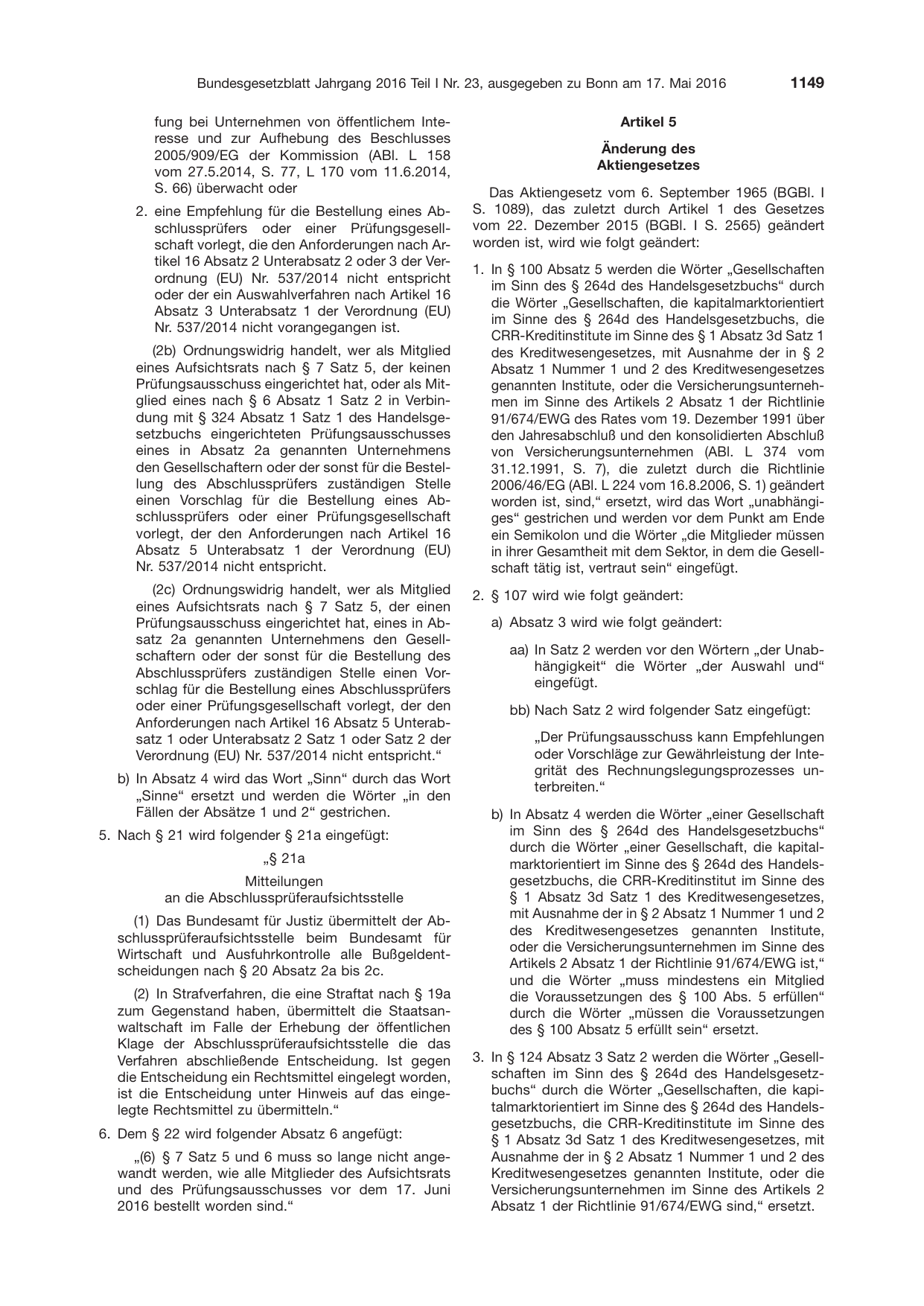 BGBl. 2016, Seite 1149 — Originalseite als Abbildung