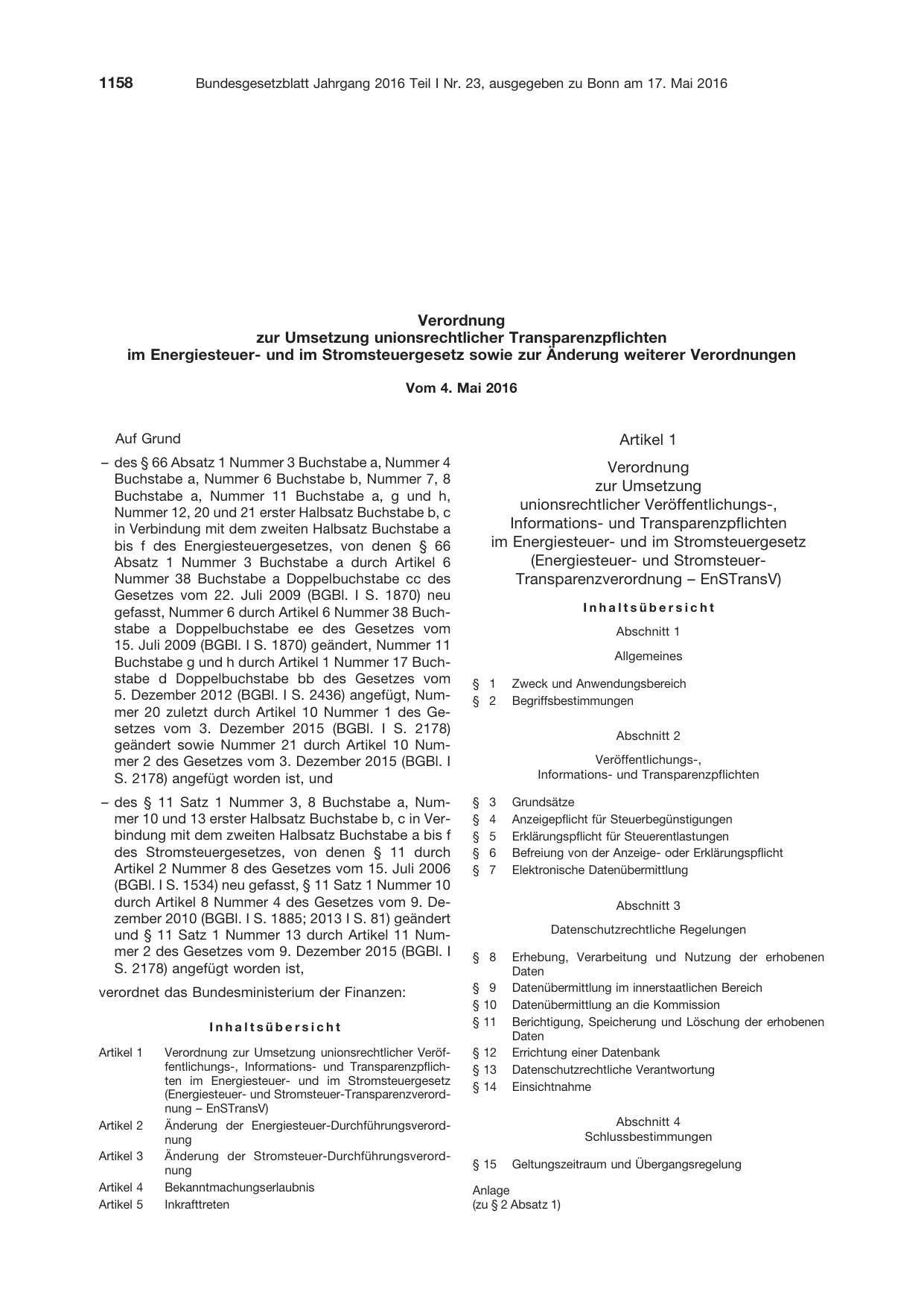 BGBl. 2016, Seite 1158 — Originalseite als Abbildung