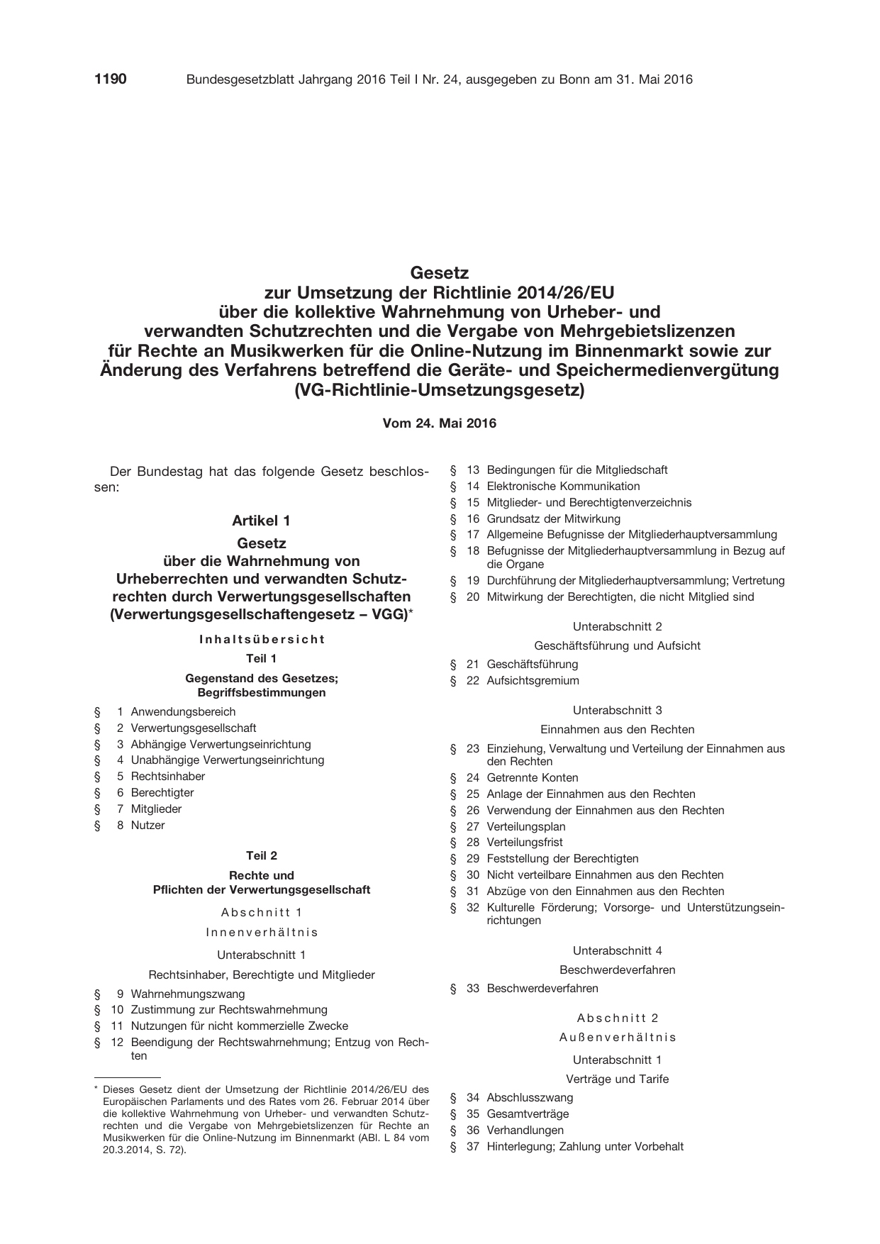 BGBl. 2016, Seite 1190 — Originalseite als Abbildung