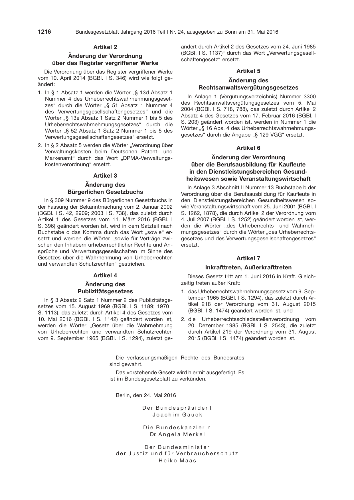 BGBl. 2016, Seite 1216 — Originalseite als Abbildung