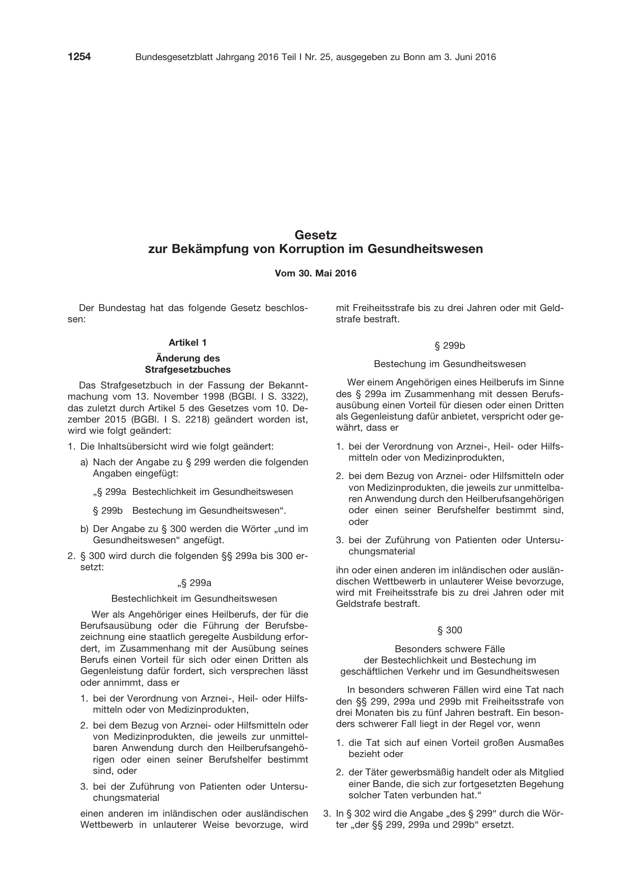 BGBl. 2016, Seite 1254 — Originalseite als Abbildung