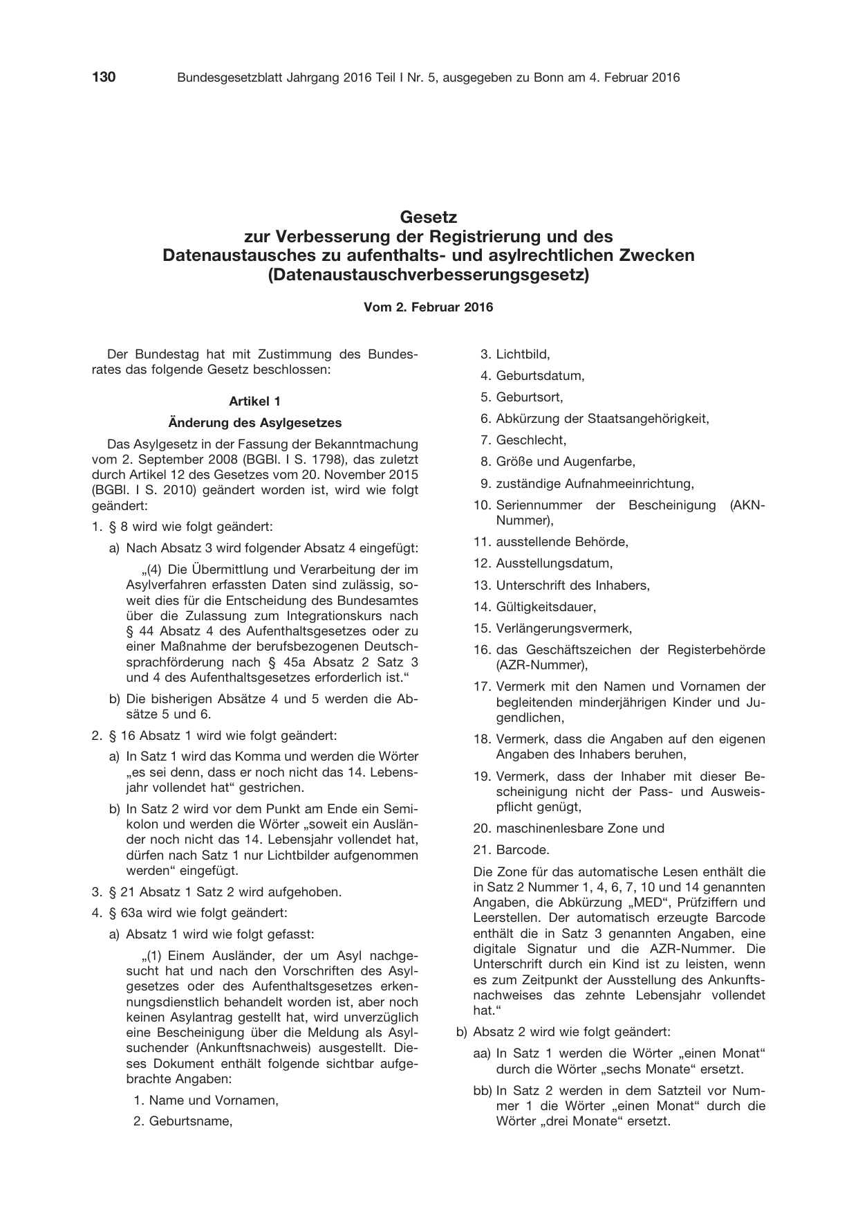 BGBl. 2016, Seite 130 — Originalseite als Abbildung
