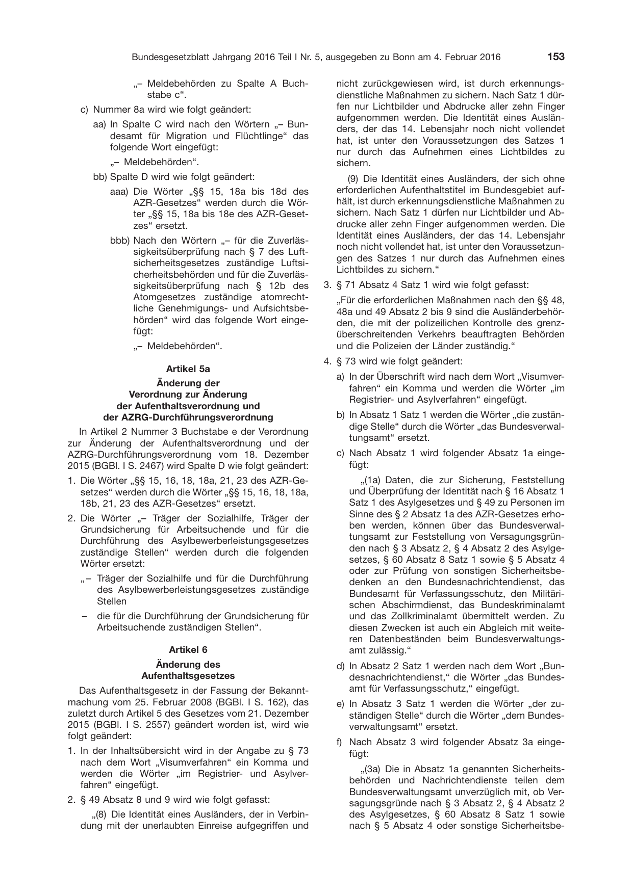 BGBl. 2016, Seite 153 — Originalseite als Abbildung