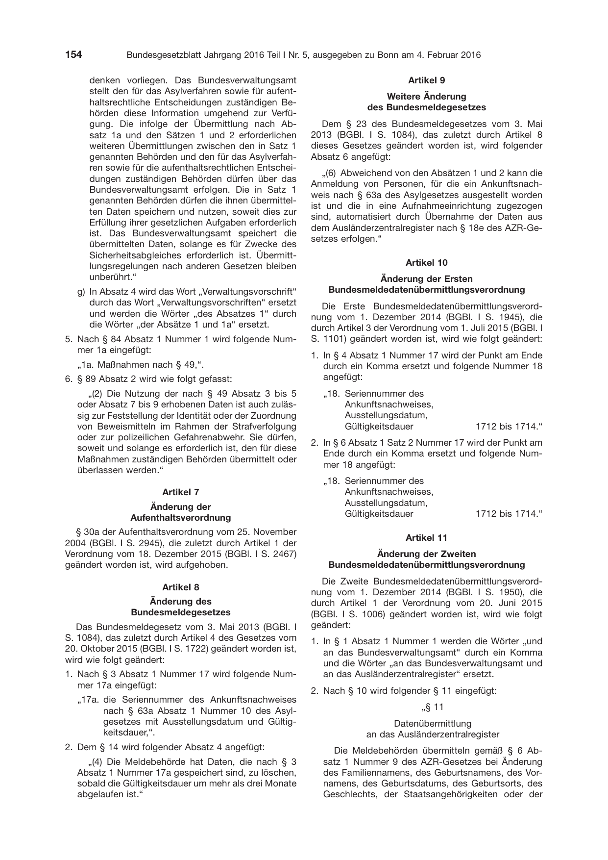 BGBl. 2016, Seite 154 — Originalseite als Abbildung
