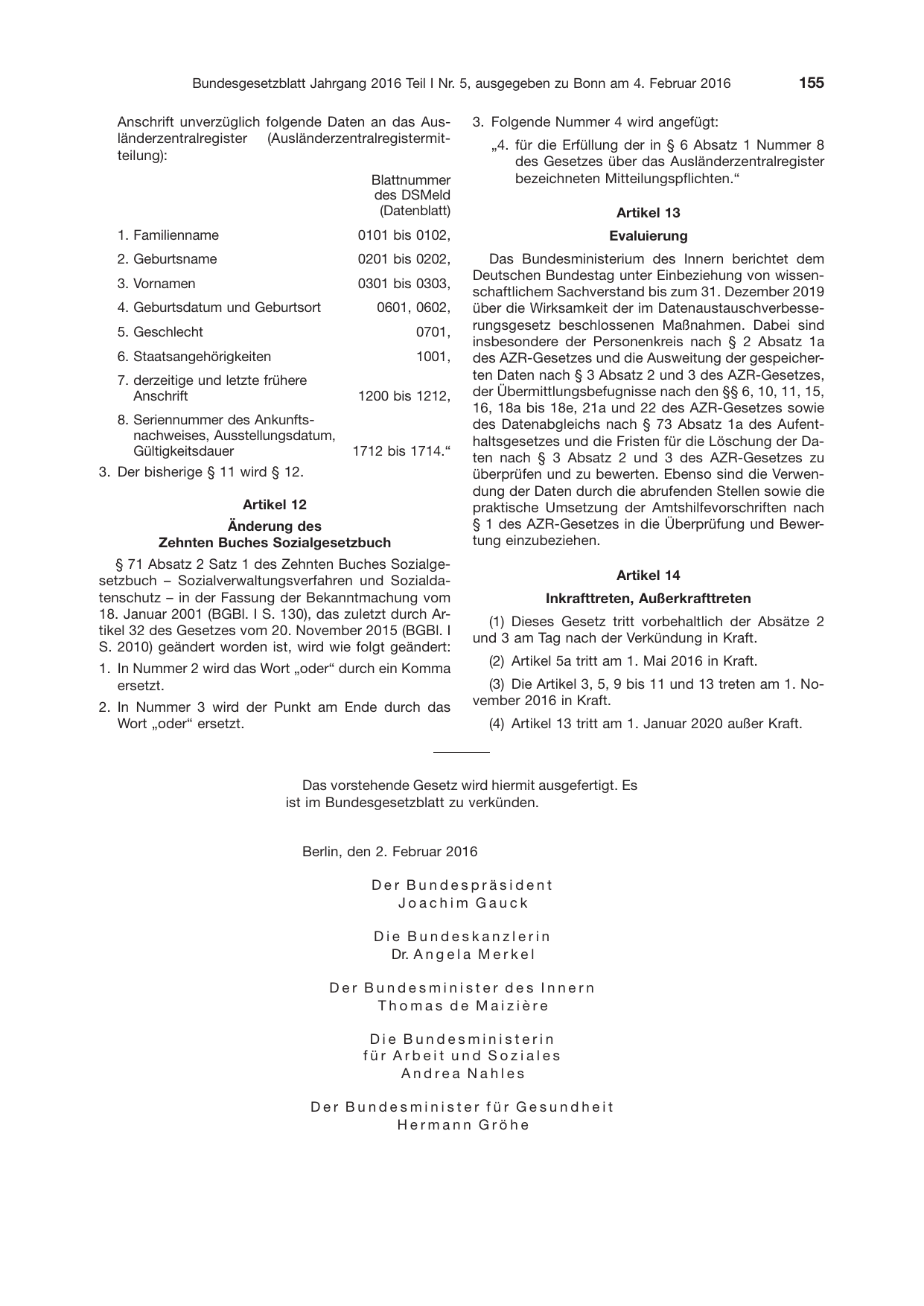 BGBl. 2016, Seite 155 — Originalseite als Abbildung