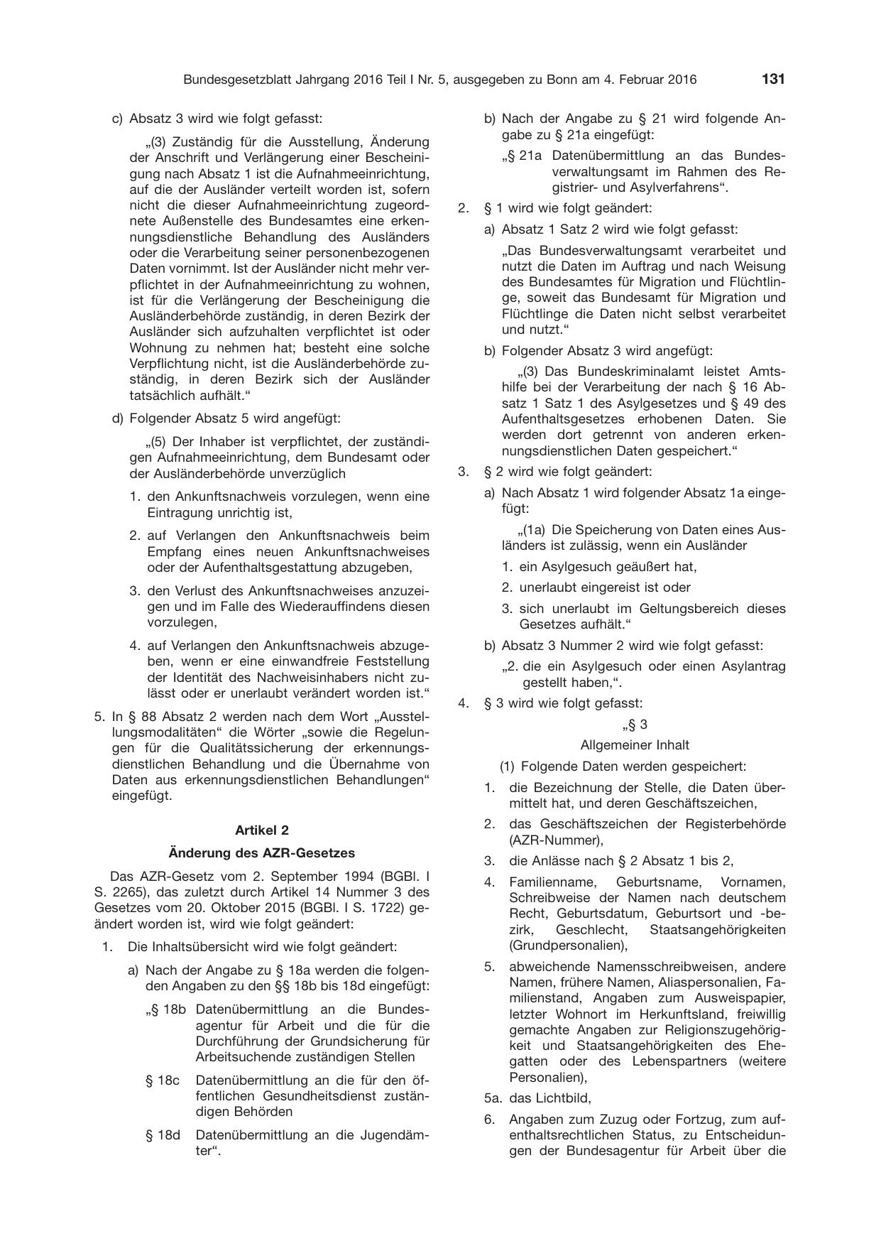 BGBl. 2016, Seite 131 — Originalseite als Abbildung