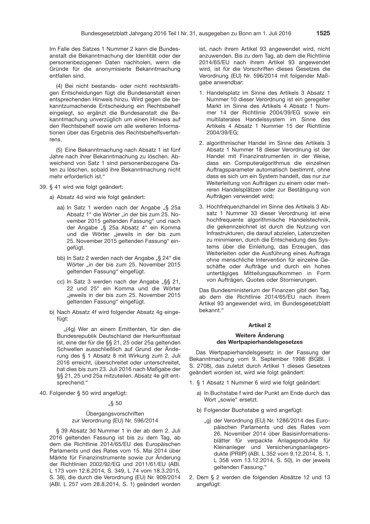 BGBl. 2016, Seite 1525 — Originalseite als Abbildung