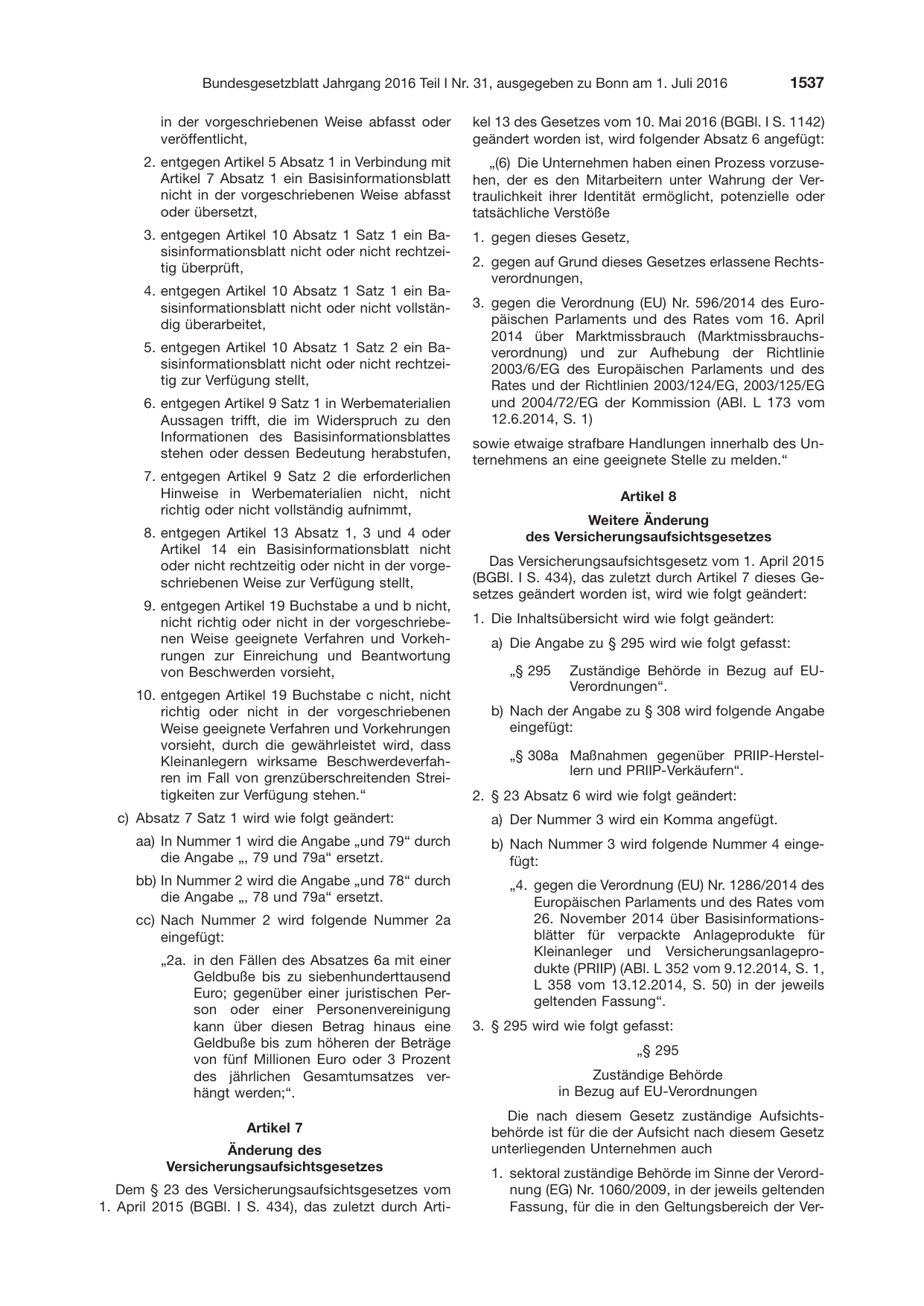 BGBl. 2016, Seite 1537 — Originalseite als Abbildung
