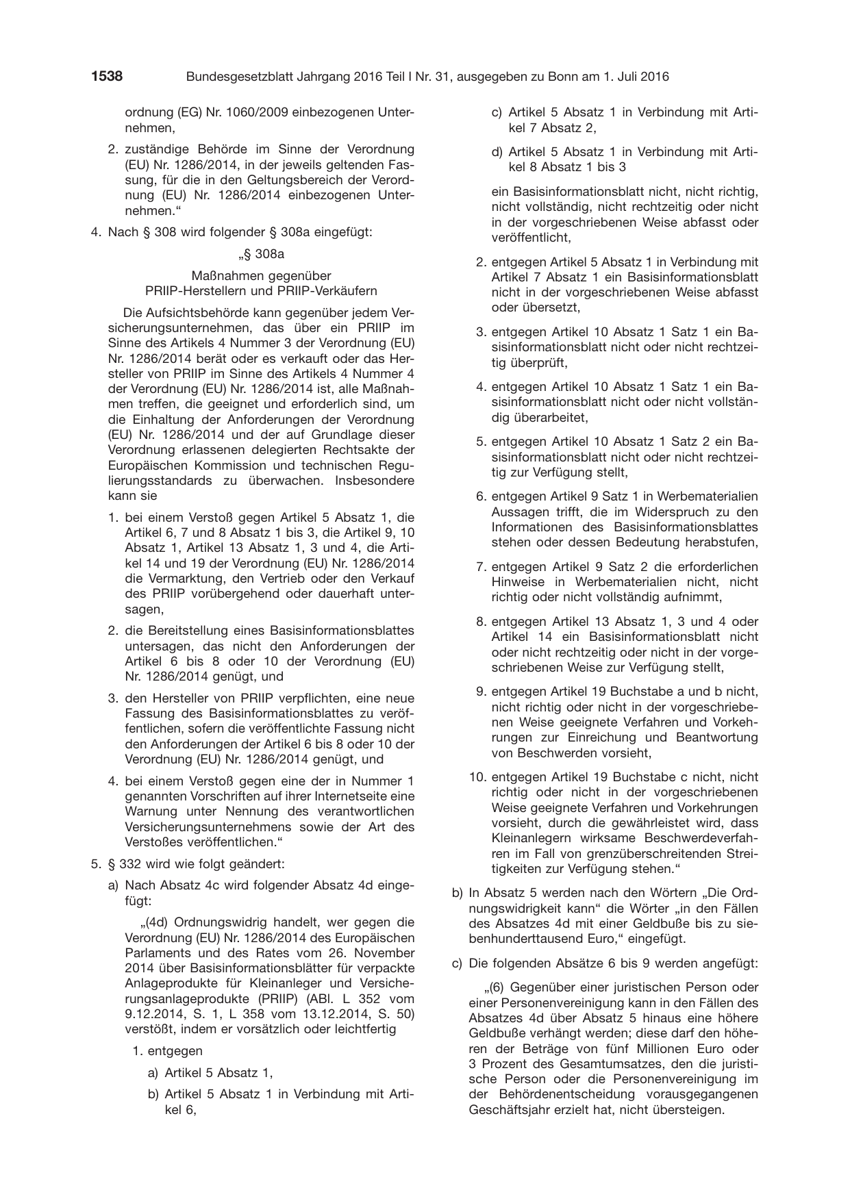 BGBl. 2016, Seite 1538 — Originalseite als Abbildung
