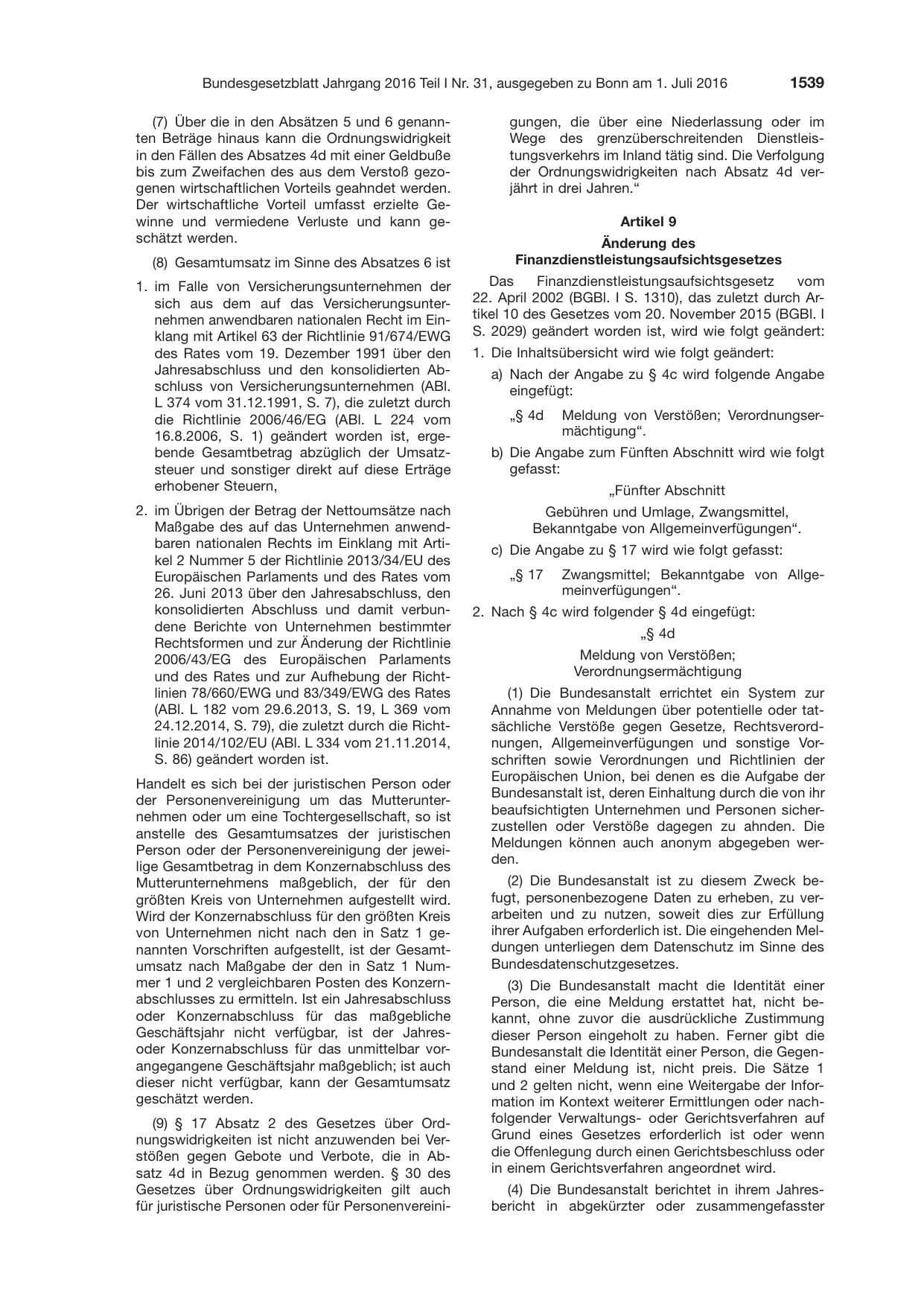 BGBl. 2016, Seite 1539 — Originalseite als Abbildung
