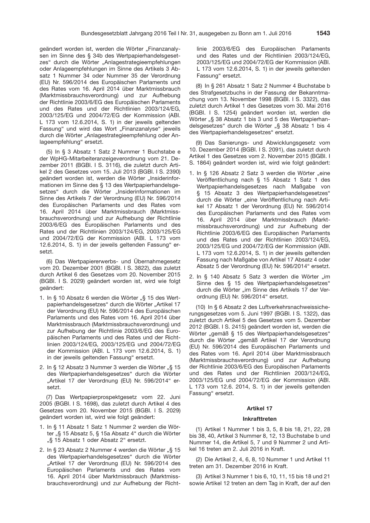 BGBl. 2016, Seite 1543 — Originalseite als Abbildung