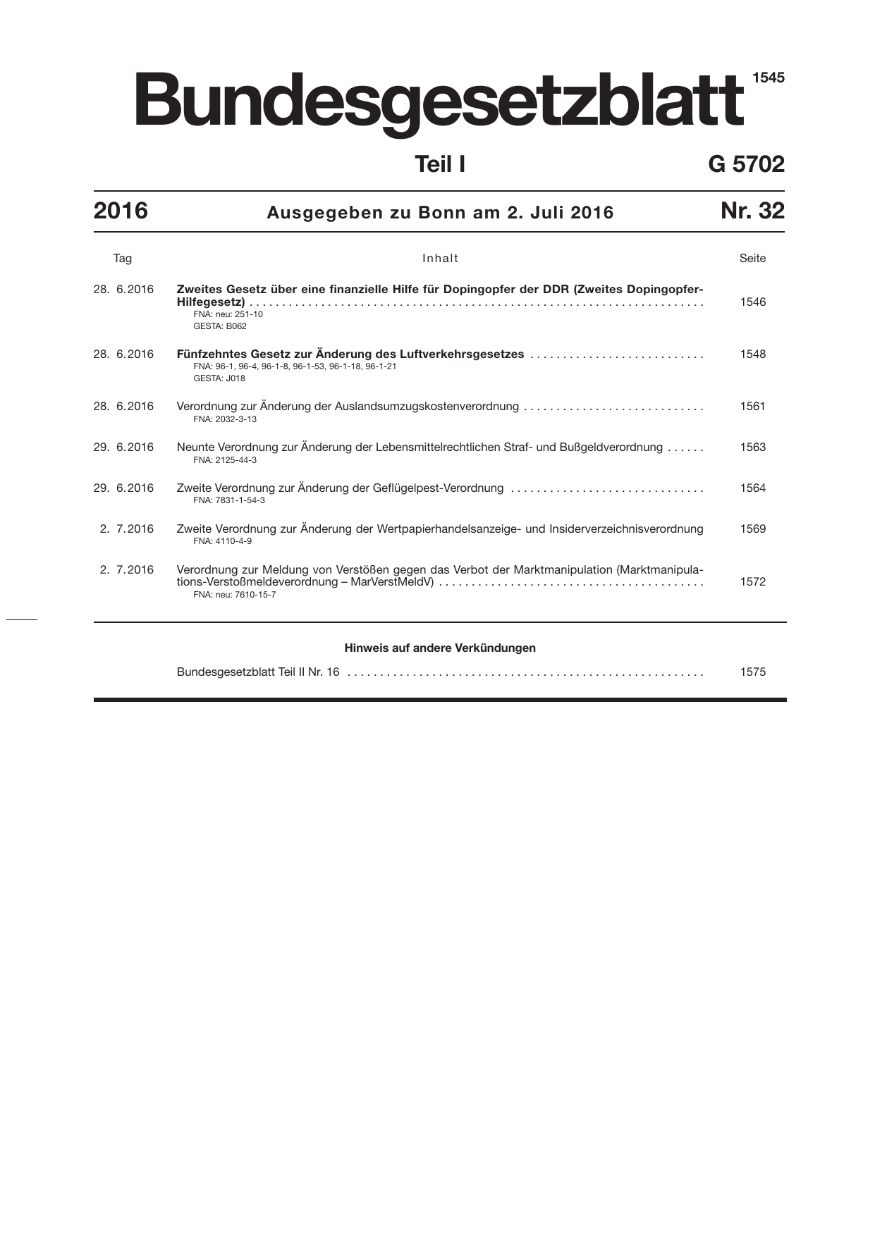 BGBl. 2016, Seite 1 — Originalseite als Abbildung