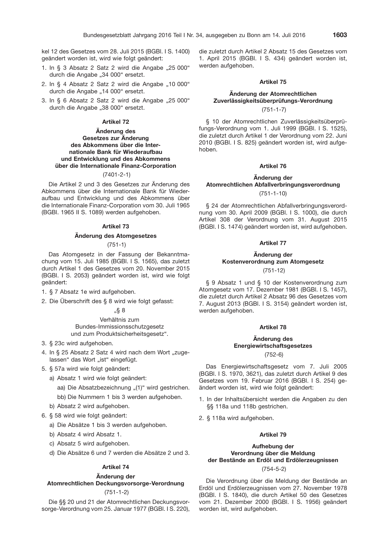 BGBl. 2016, Seite 1603 — Originalseite als Abbildung