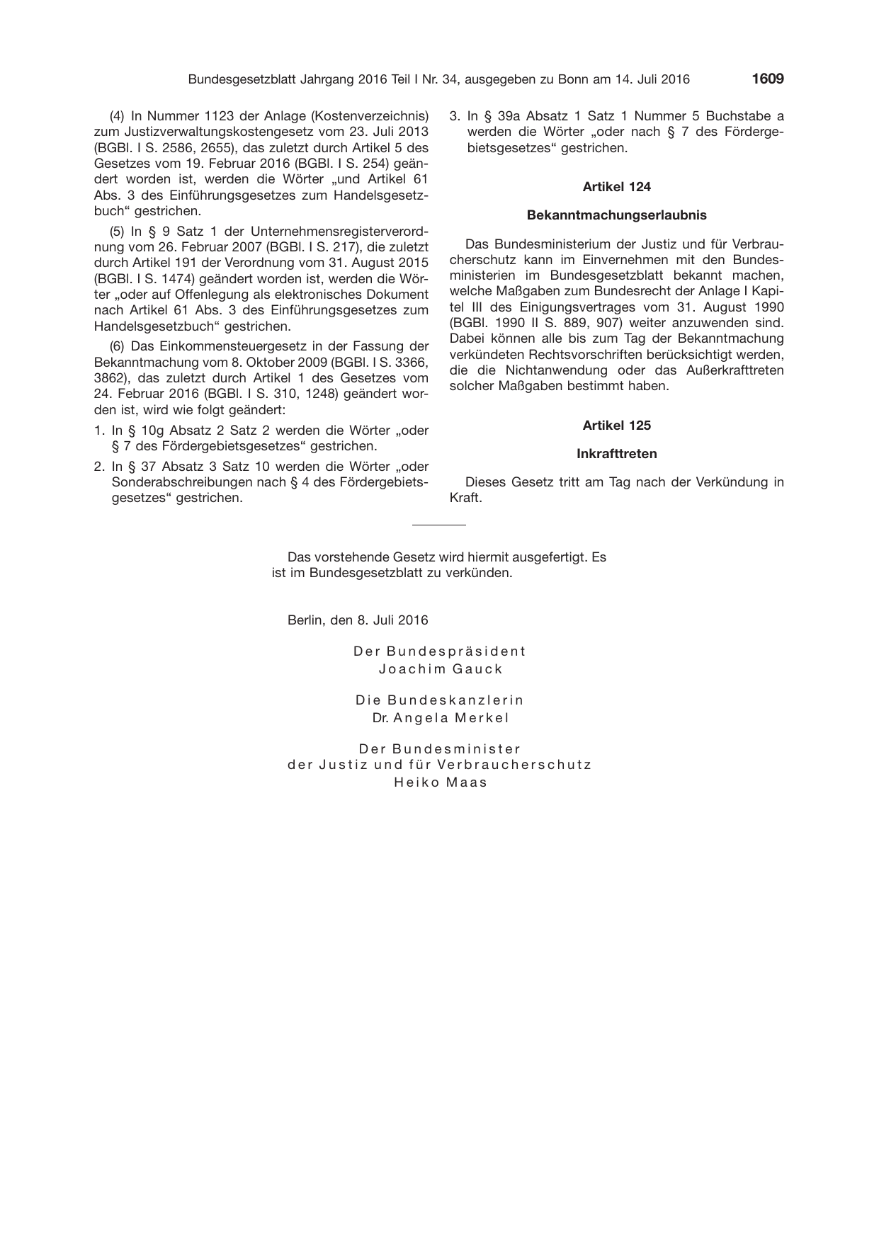 BGBl. 2016, Seite 1609 — Originalseite als Abbildung