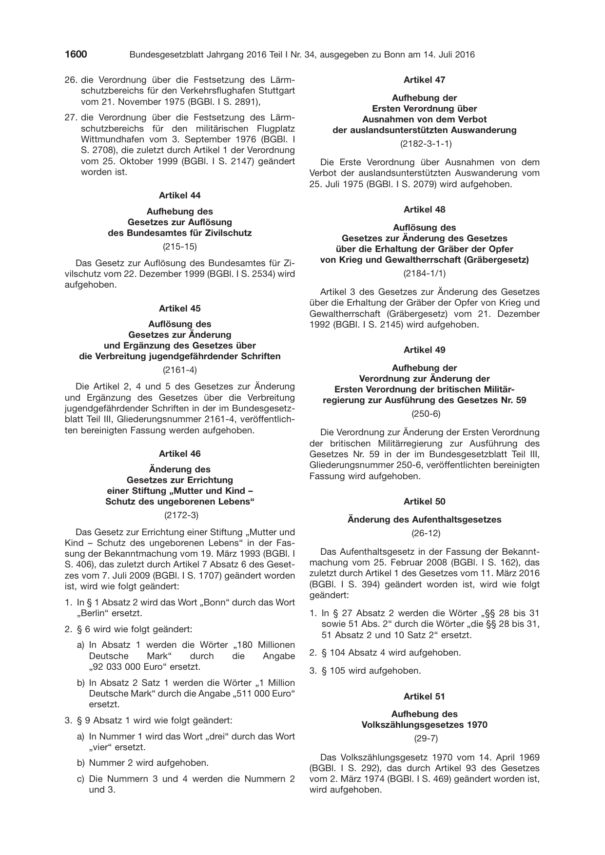 BGBl. 2016, Seite 1600 — Originalseite als Abbildung