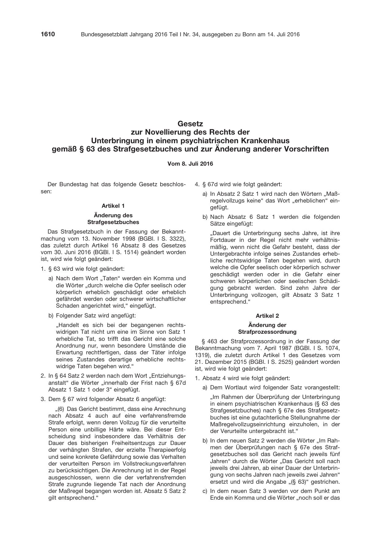 BGBl. 2016, Seite 1610 — Originalseite als Abbildung