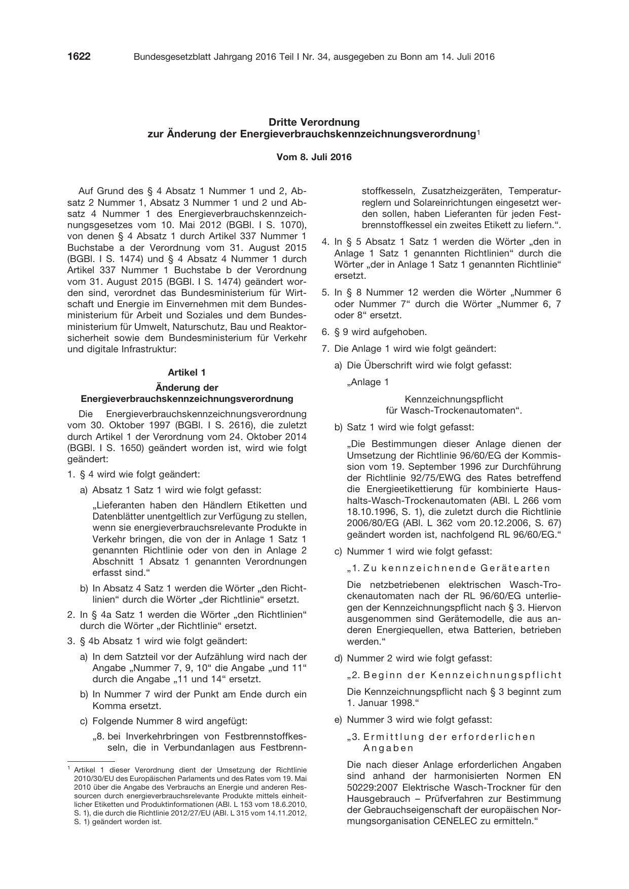 BGBl. 2016, Seite 1622 — Originalseite als Abbildung