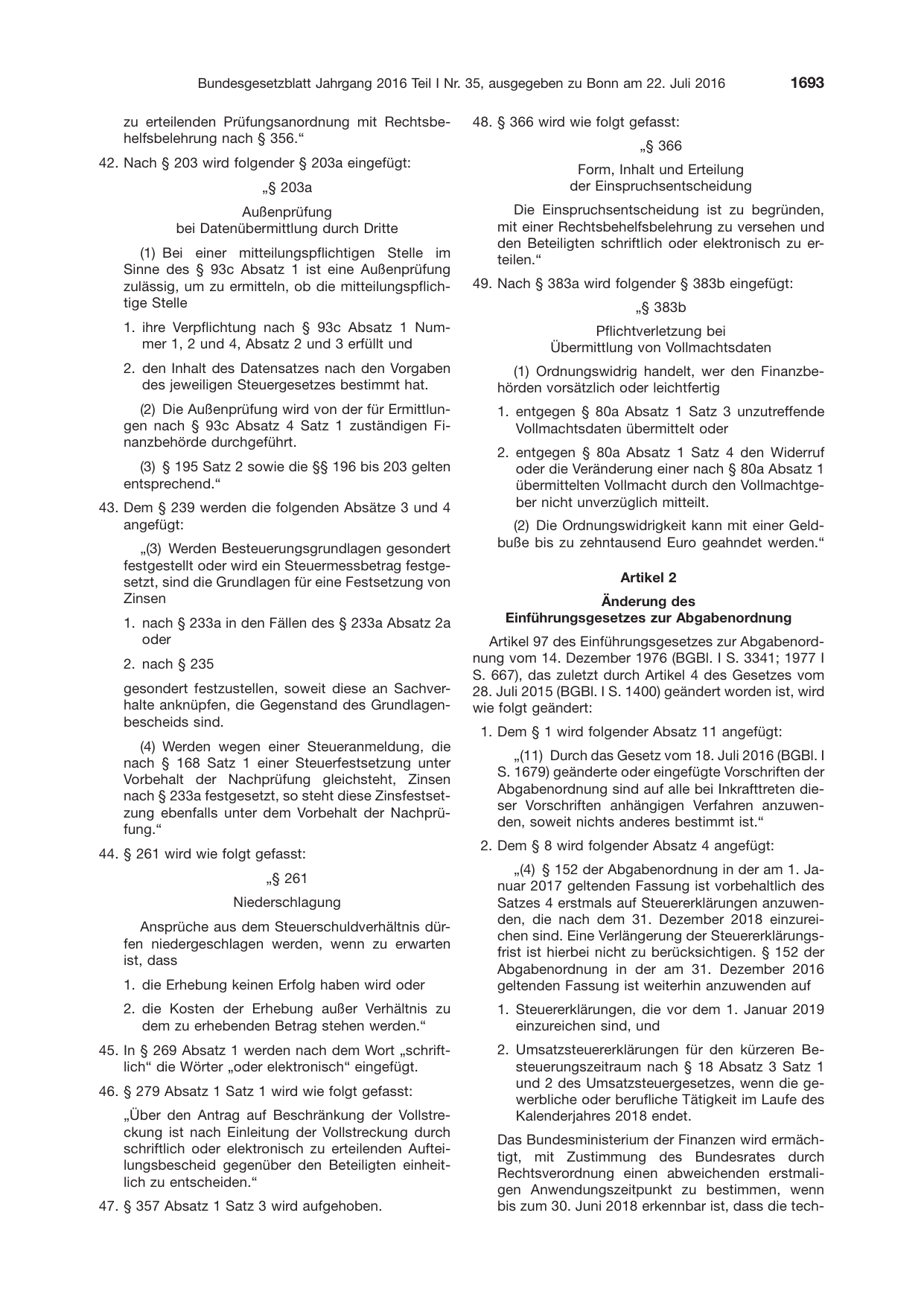 BGBl. 2016, Seite 1693 — Originalseite als Abbildung
