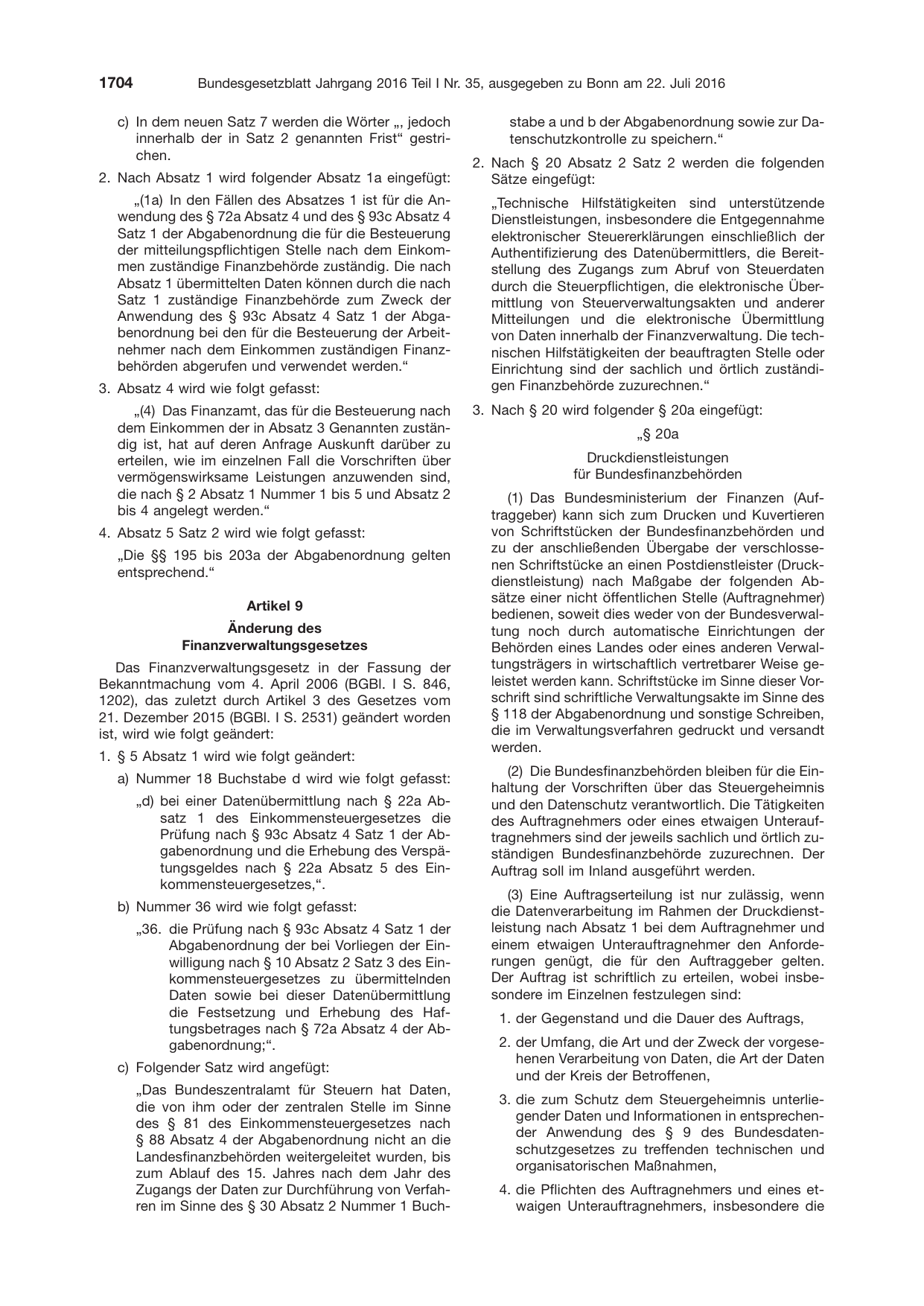 BGBl. 2016, Seite 1704 — Originalseite als Abbildung