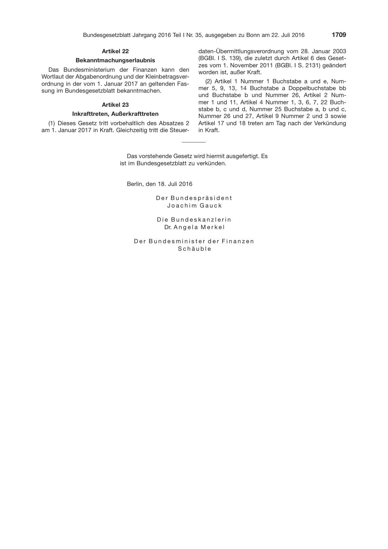 BGBl. 2016, Seite 1709 — Originalseite als Abbildung