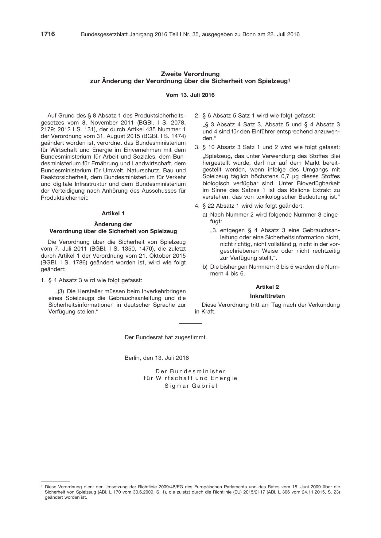 BGBl. 2016, Seite 1716 — Originalseite als Abbildung