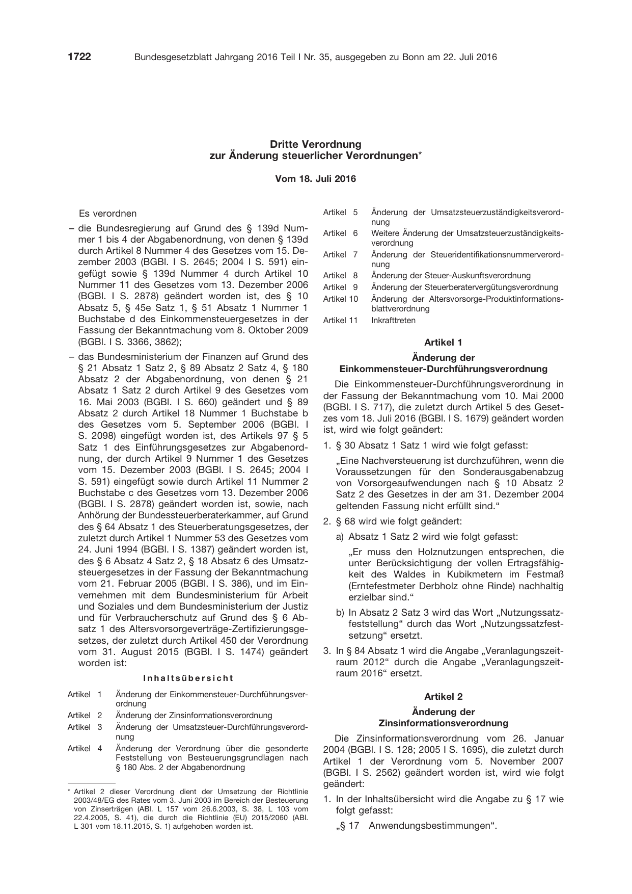BGBl. 2016, Seite 1722 — Originalseite als Abbildung