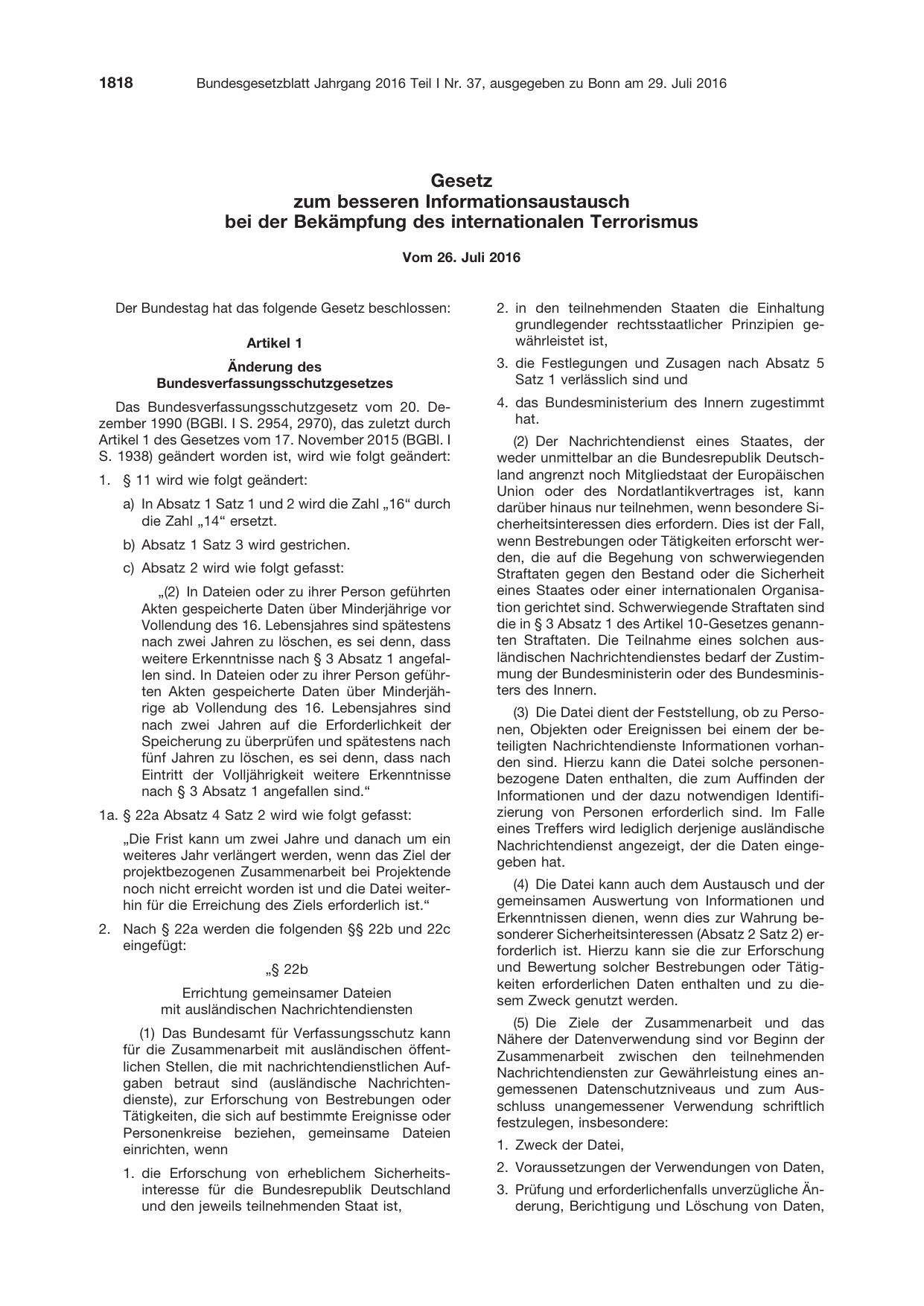BGBl. 2016, Seite 1818 — Originalseite als Abbildung