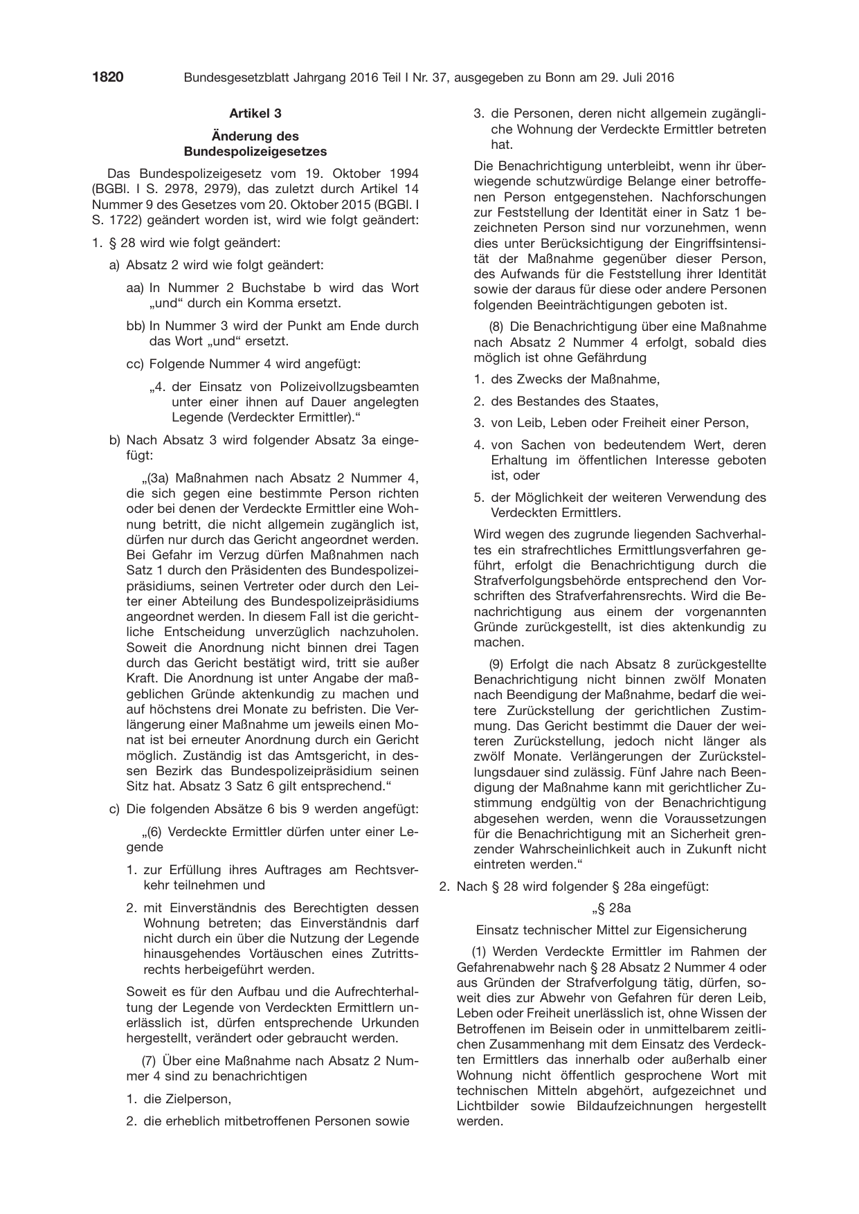 BGBl. 2016, Seite 1820 — Originalseite als Abbildung